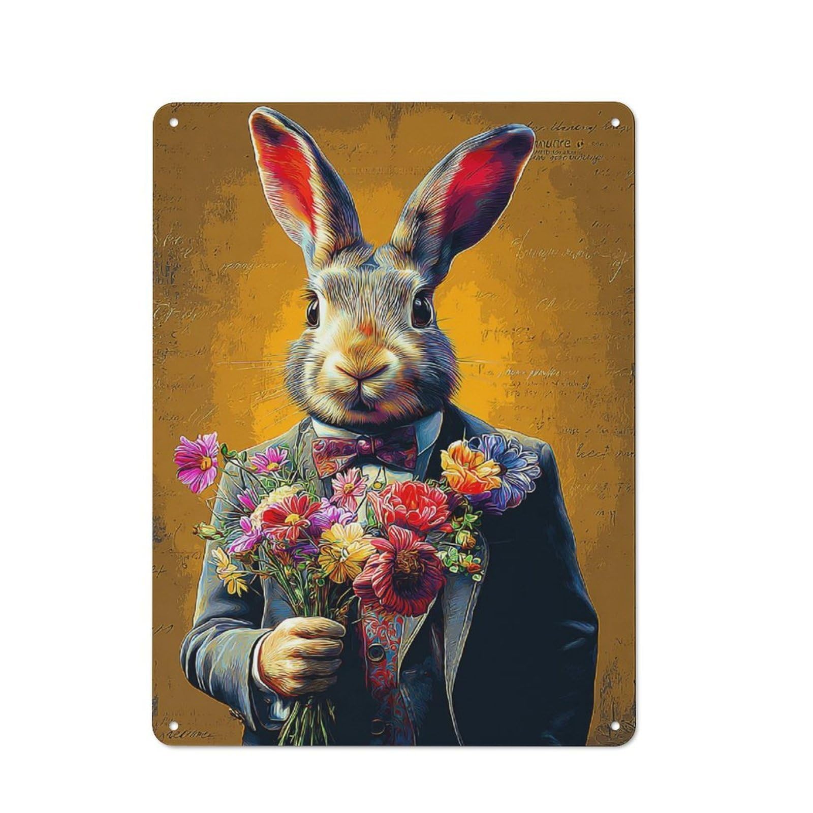 Junmoney Rabbit In Suit With Flower Bouquet -1 Modern Vintage Metal Desk Wall Sign 40X30cm, Office Wall Decor For Office, Study, Studio Or Hallway