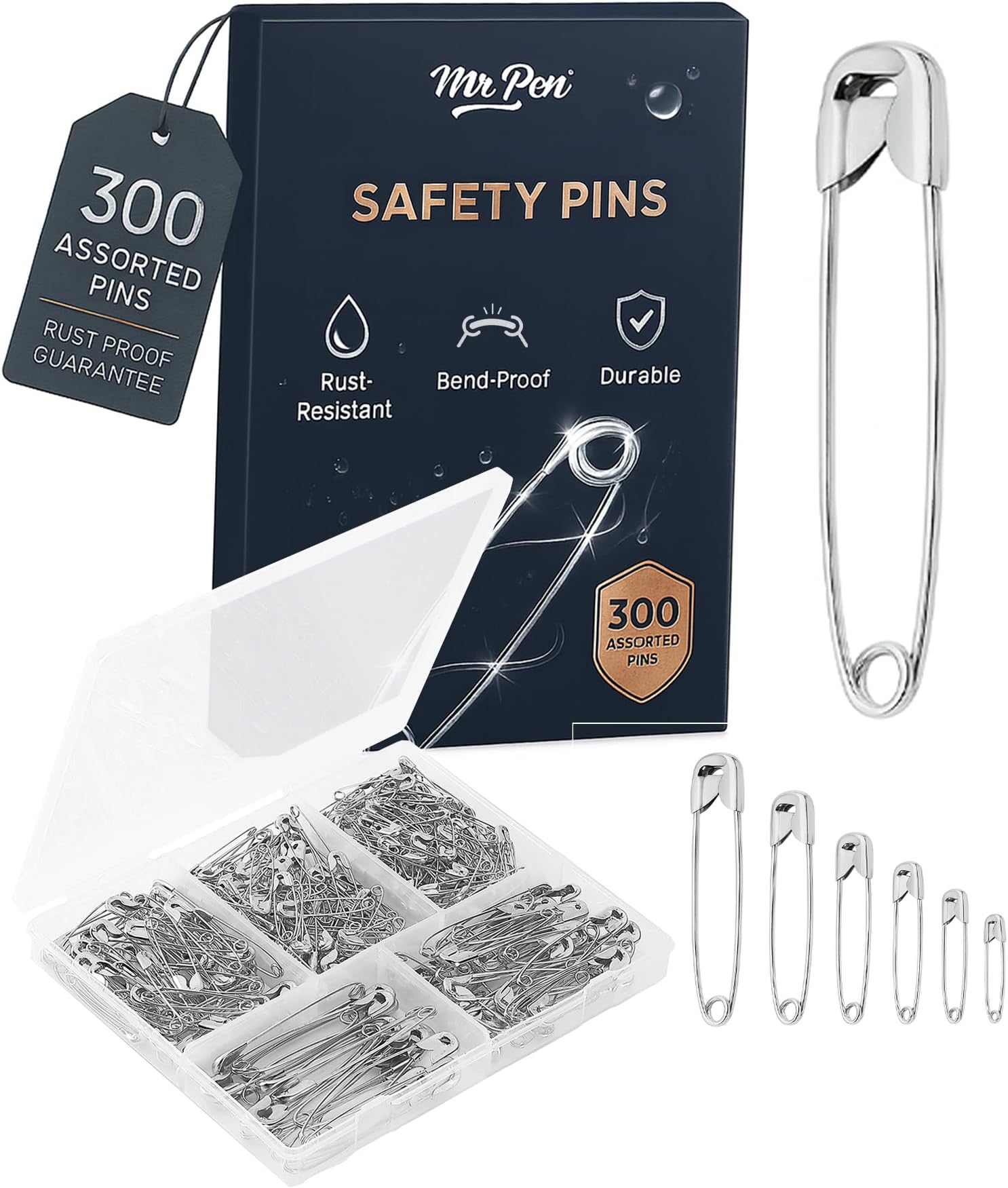 Mr. Pen 300 Pack Safety Pins, Assorted 5 Different Sized, Nickel Plated Steel, Rust Resistant, Small & Large Sizes, Bulk, for Clothes, Crafts, Pinning, Sewing, Art