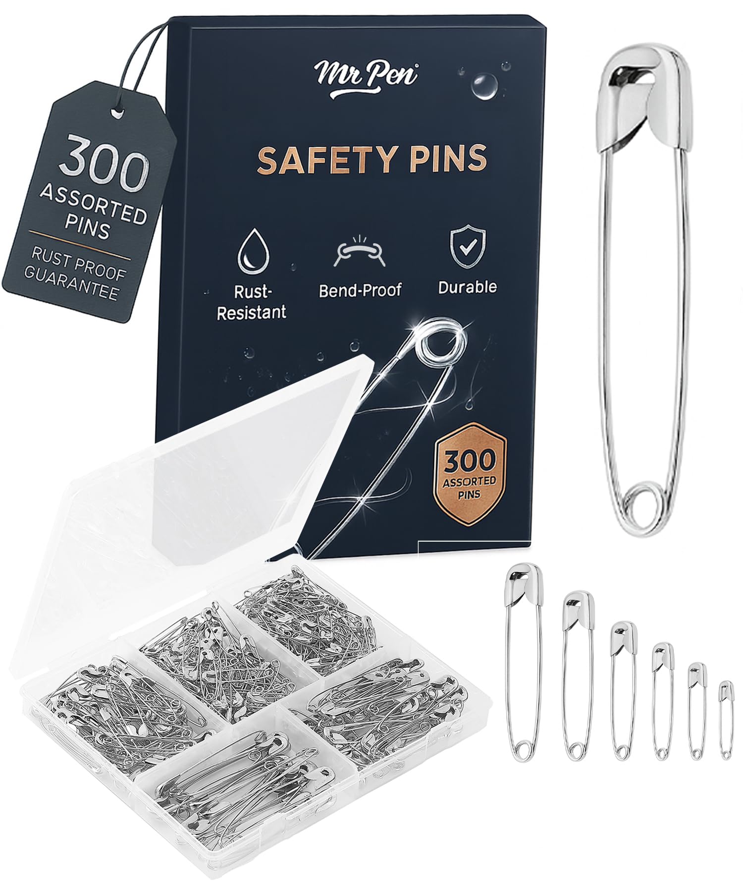 Mr. Pen 300 Pack Safety Pins, Assorted 5 Different Sized, Nickel Plated Steel, Rust Resistant, Small & Large Sizes, Bulk, for Clothes, Crafts, Pinning, Sewing, Art
