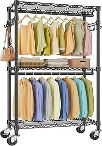 VIPEK R2 Heavy Duty Rolling Garment Rack 3 Tiers Adjustable Clothes Rack with Double Rods & Hooks, Freestanding Wardrobe Closet Storage Rack Metal Clothing Rack for Hanging Clothes, Black