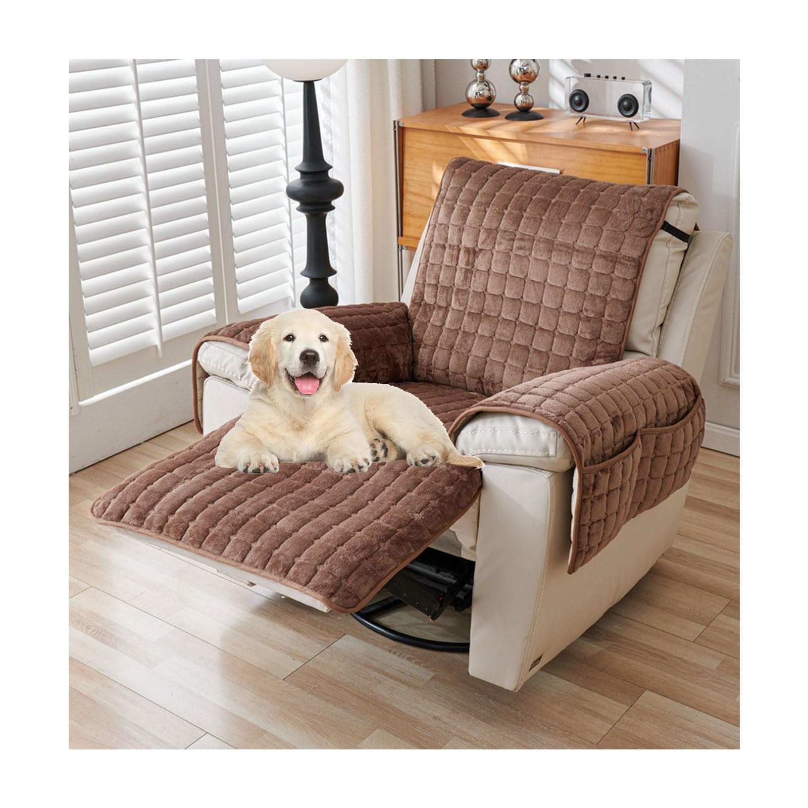 Recliner Chair Cover, Plush Non Slip Armchair Cover, Super Soft Washable Chair Covers for Armchairs, Sofa Slipcover Furniture Protector Cover for Kids and Pets(Brown pocket,1 Sitz(53*190cm))