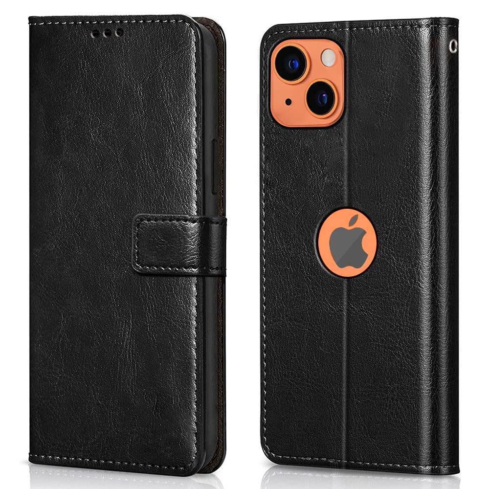 CLICKFLEEK Leather Finish Logo View Flip Cover Compatible for iPhone 15+ Plus | Inbuilt Stand & Pockets | Wallet Style Flip Case Compatible for iPhone 15+ Plus -(Black)