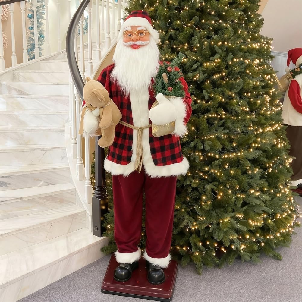 Figura de peluche animada de Papá Noel de tamaño real, 4 pies con luces y música, decoración navideña para interiores