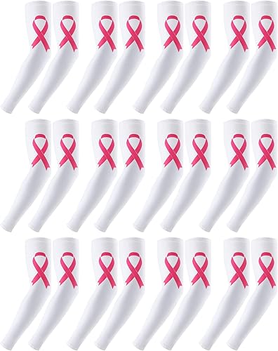 Handepo 12 pares de mangas de concientización sobre el cáncer de mama, mangas con cinta para brazos, protección UV, manga de compresión para