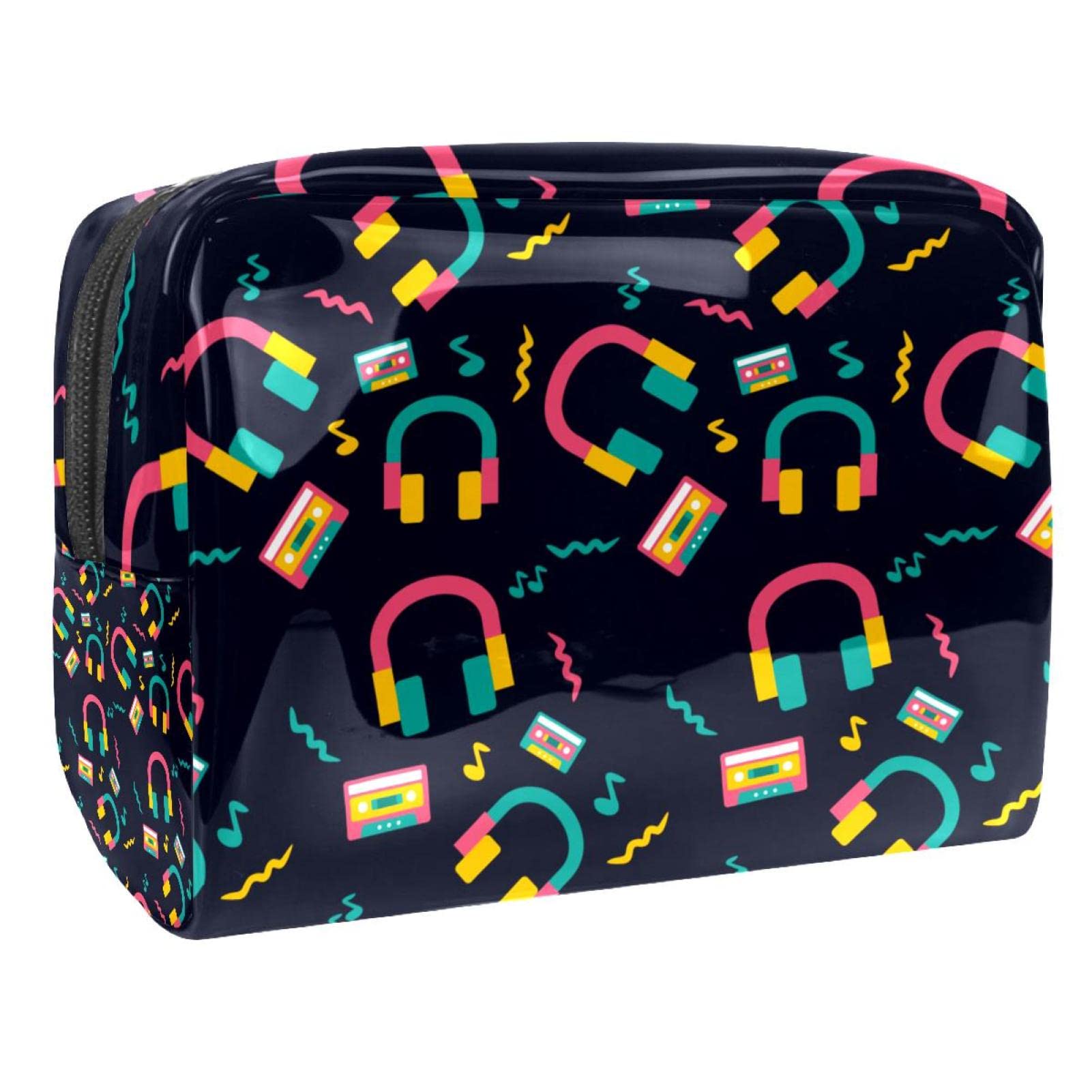 opleicxCosmetic Bag for Women Neon Funky Head Phone Background Travel Toiletries Bags Large PVC Makeup Handy Pouch Organiser with Zipper