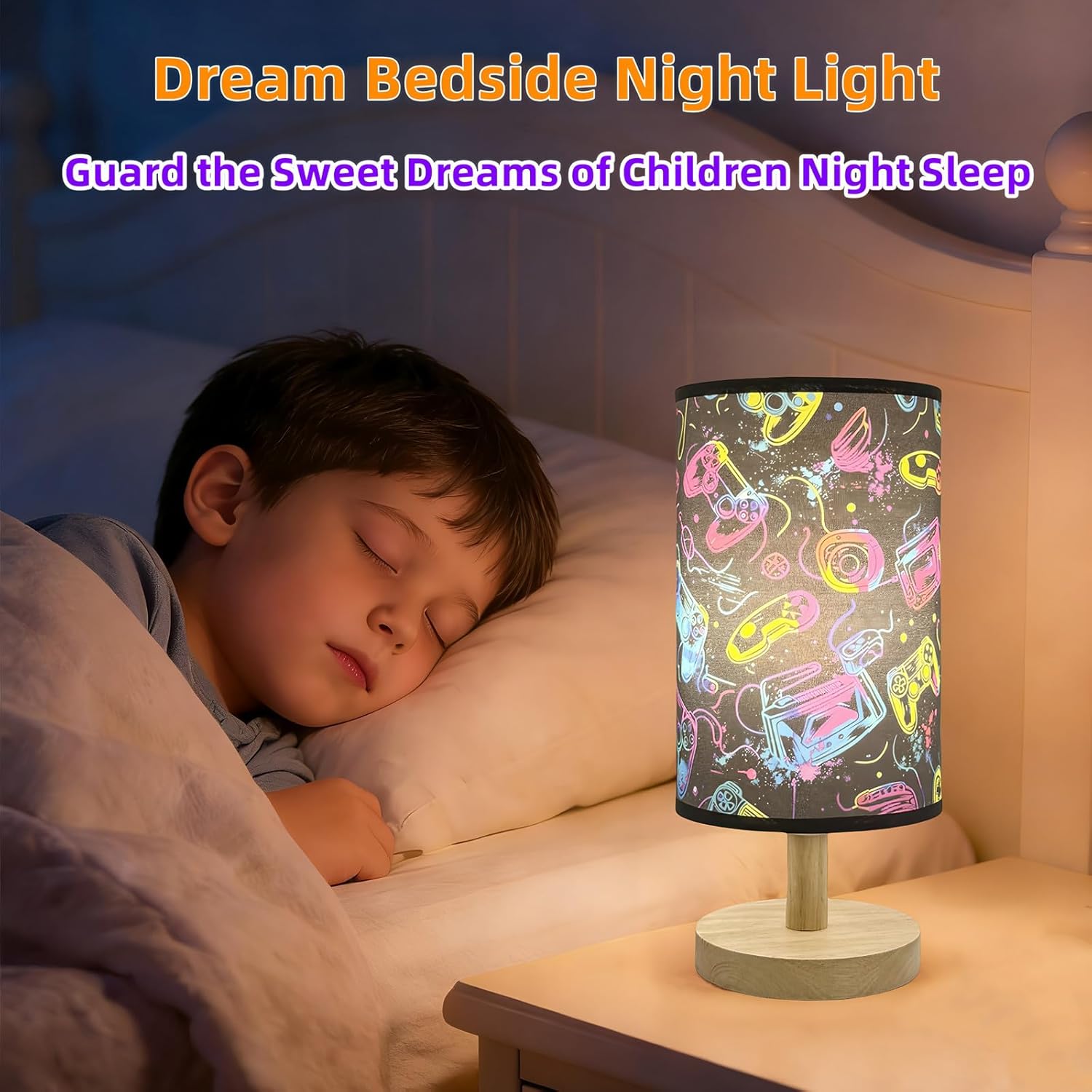 Video Game Table Lamp,Kids Bedside Lamp for Bedroom 3 Colors Gaming Enthusiast Nightstand Night Light Room Decorative Lights with Cartoon Flaxen Fabric Shade Desk Lamp for Girls Boys Gift Home Decor