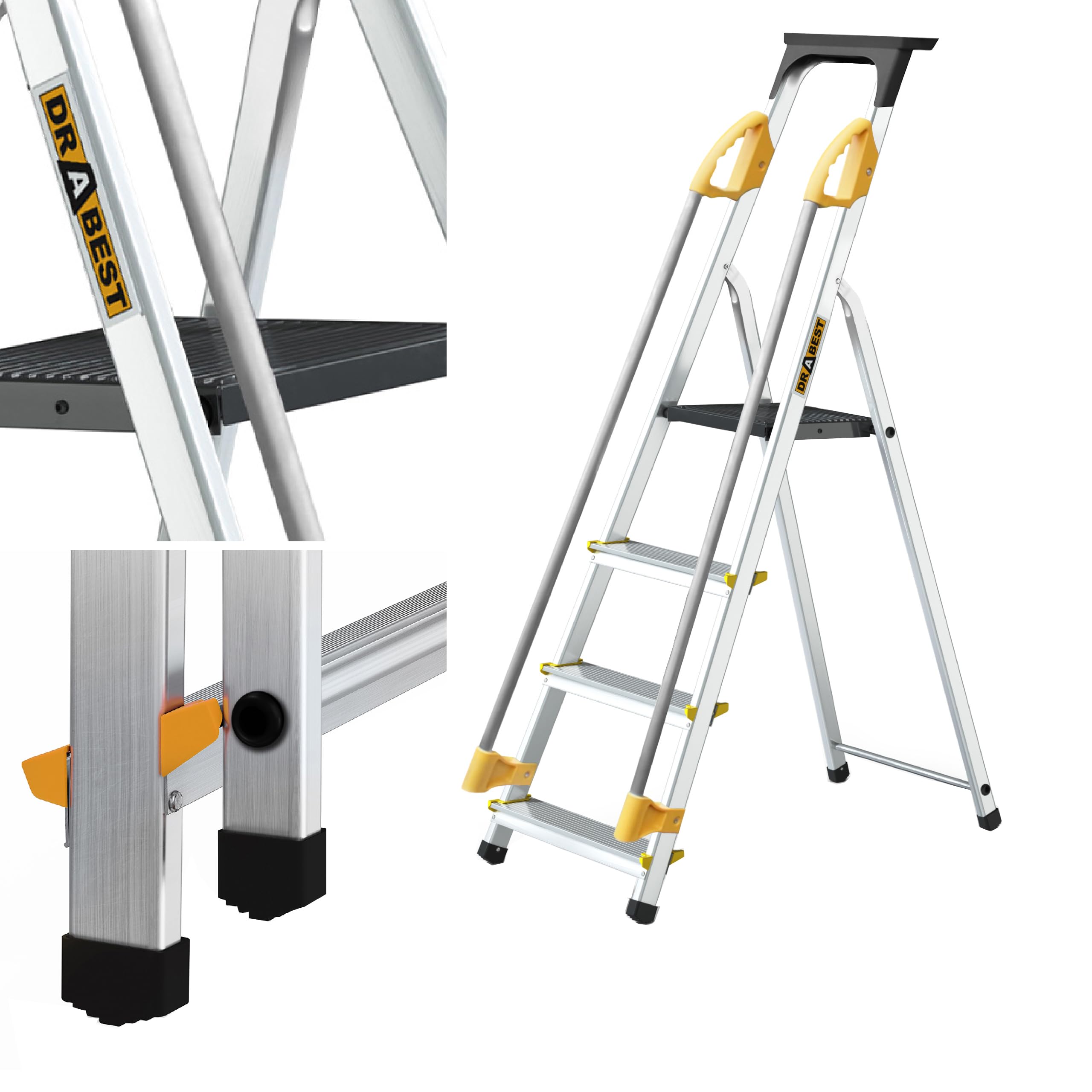 DRABEST Escalera serie PRO escalón plegable de aluminio 4 peldaños Escalera plegable con pasamanos de seguridad con capacidad de carga de hasta 150 kg