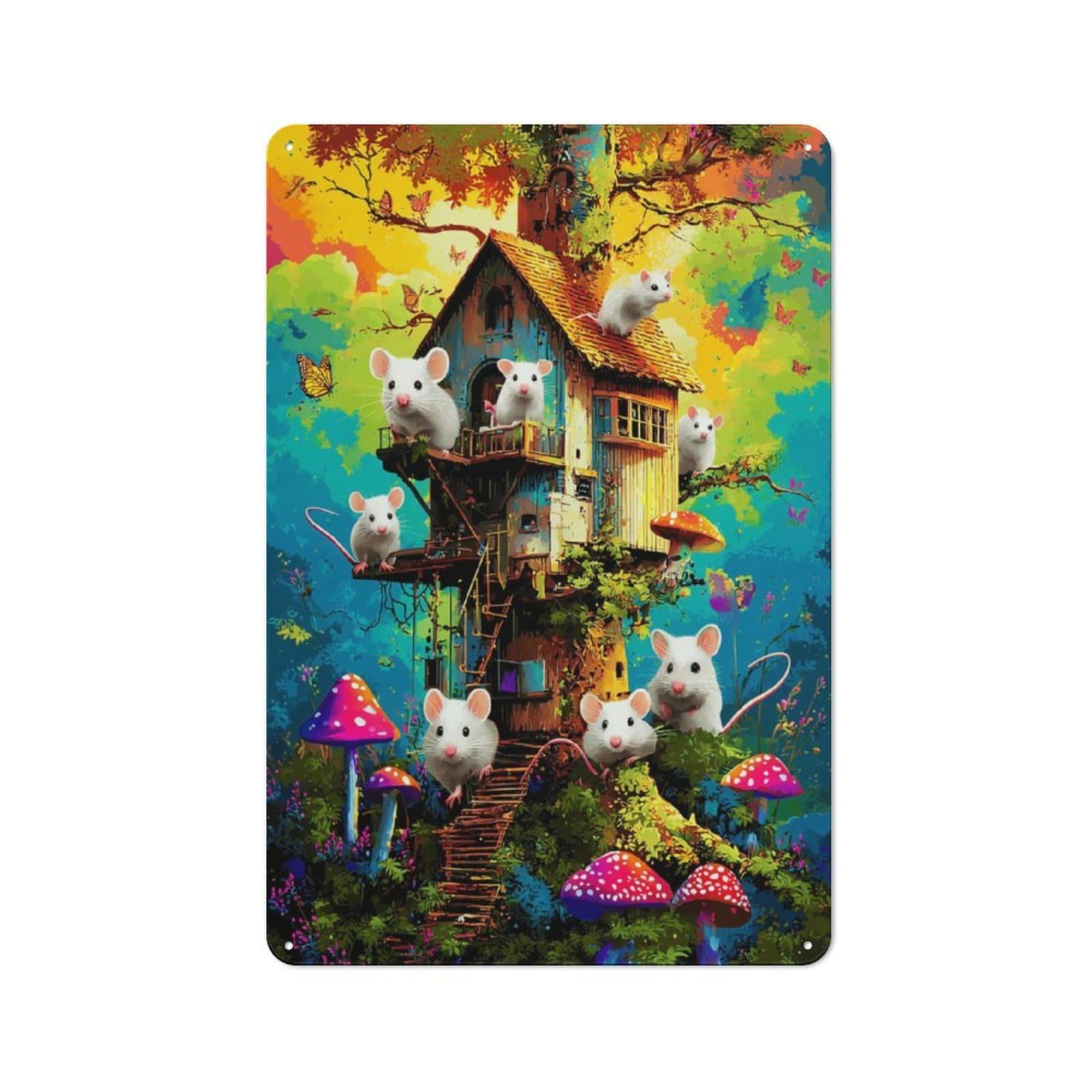 Junmoney Whimsical Treehouse With Mice Warehouse Style Tin Wall Sign 30X20cm Featuring Loft Wall Plaque For Loft, Studio, Office Or Creative Room