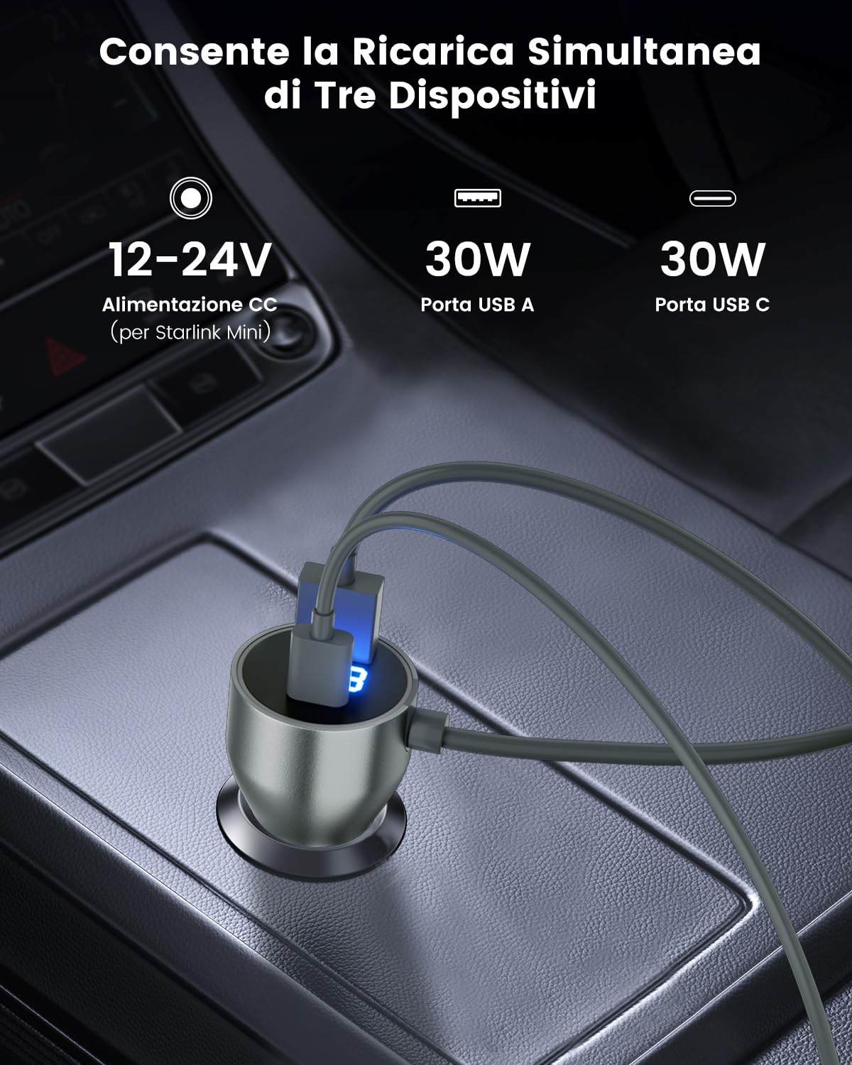 Mwin Cavo Starlink Mini - Caricatore Auto Cavo Alimentazione DC per Starlink Mini, Adattatore Accendisigari 12V-24V con Display Digitale, Porte USB C/USB A Ricerca Rapida 30W per Camion, Auto (3M)