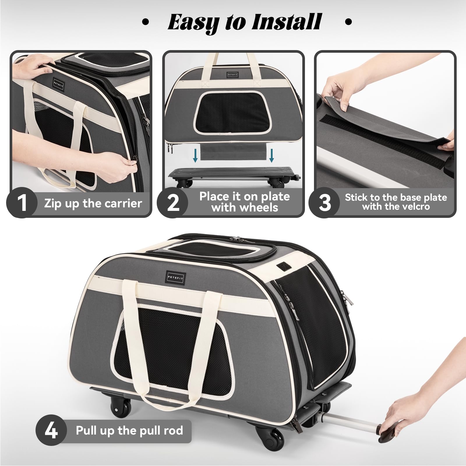 Petsfit Sac Transport Chat avec roulettes Amovibles, Grand Sac de Transport pour Chat pour 2 Chats, Pliable sur roulettes, Chats ou Chiens de Taille Moyenne, avec Fond Imperméable, L/Gris