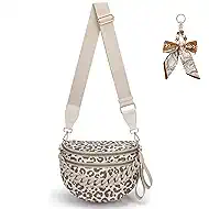 Leopard Print Crossbody Bum Bag for Women Double Zip Spacious Purse Fanny Packs Belt Bag with Bow and Chain