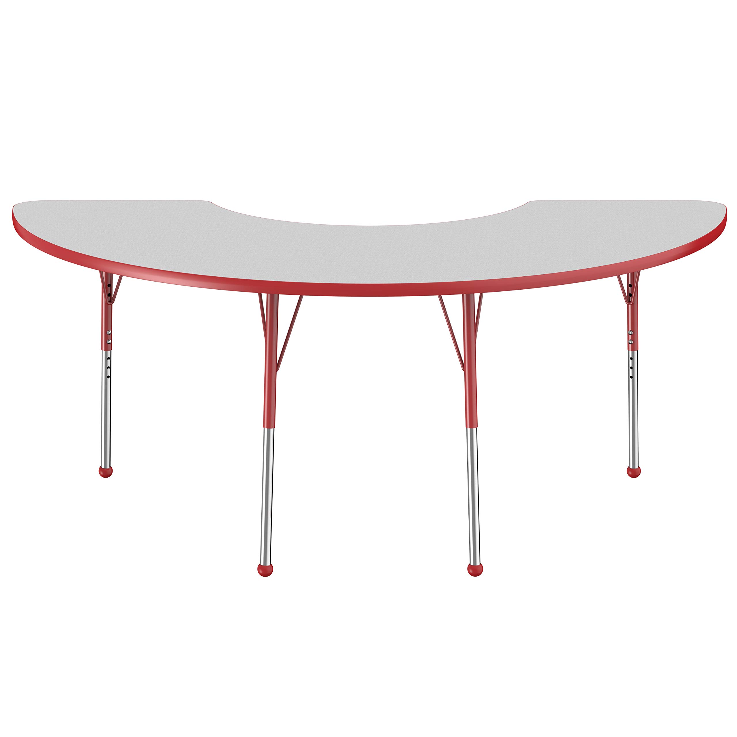 Condition photo showing New/Like New for  fdp half moon activity school and office table (36 x 72 inch), standard legs with ball glides for collaborative seating environments, adjustable height 19-30 inches - gray top and red edge