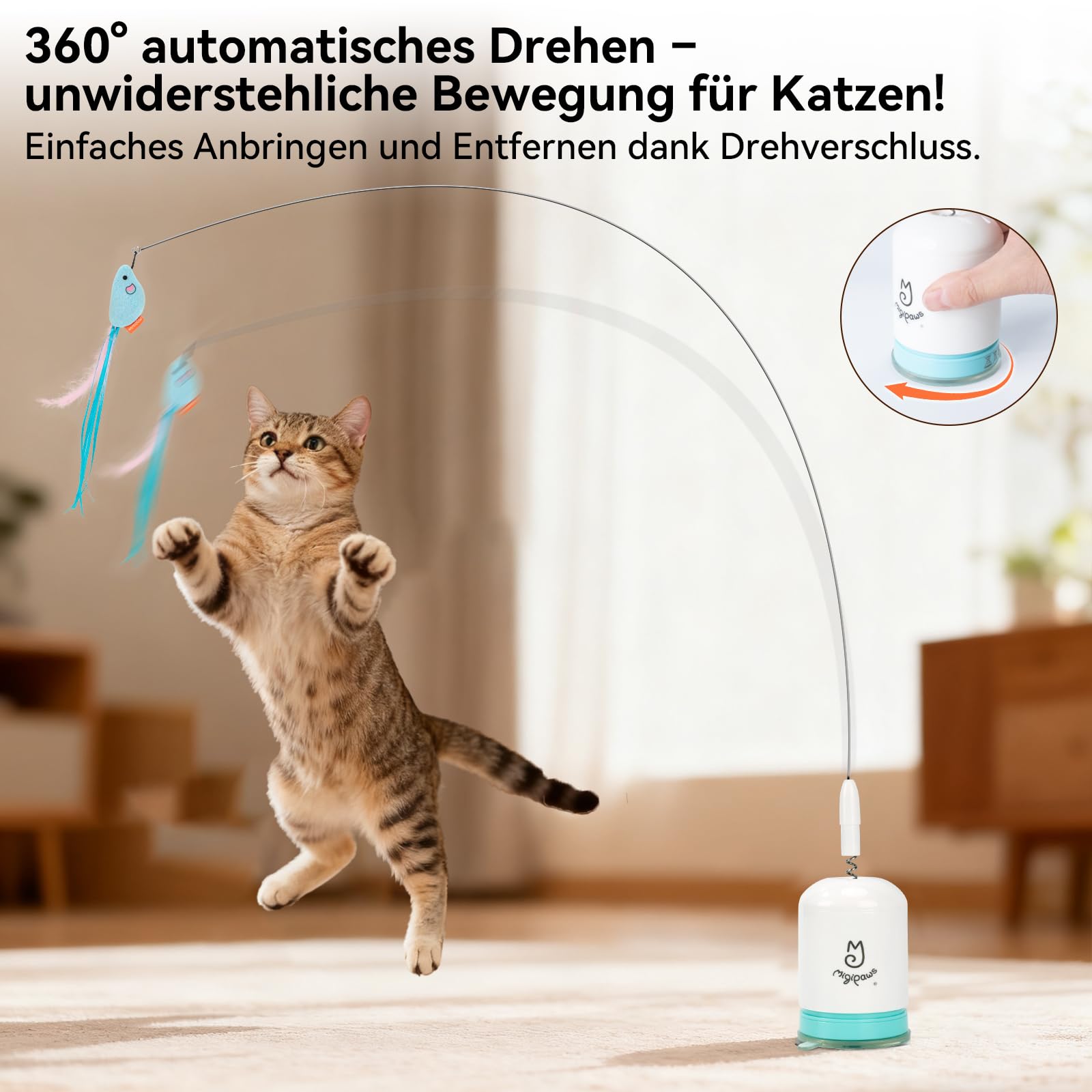 Migipaws Interaktives Katzenspielzeug mit starkem Saugnapf, 70 cm flexiblem Draht und DIY Biegedesign, Katzenangel mit Federn & Auto-Timer, Katzenspielzeug selbstbeschäftigung,wiederaufladbar