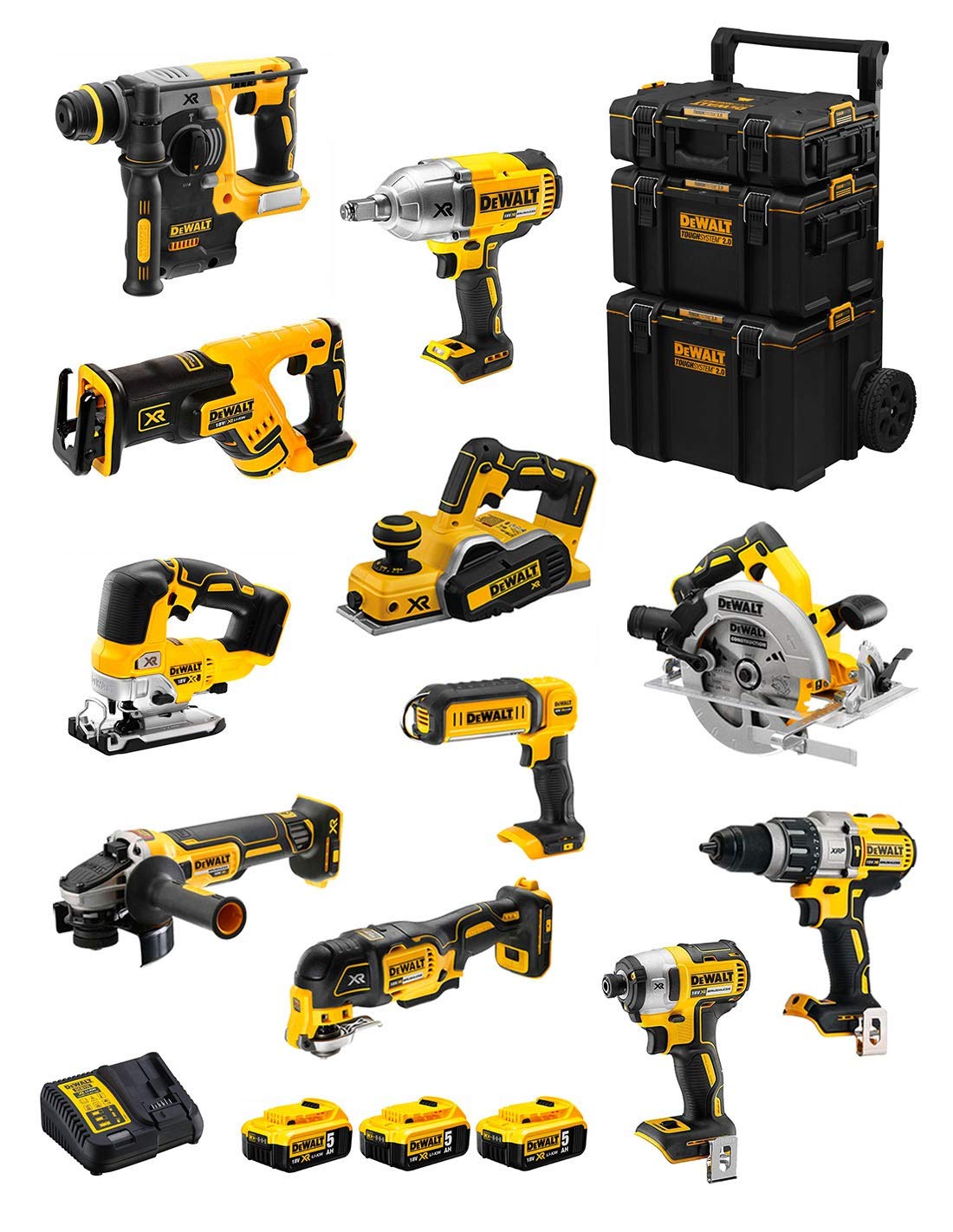 DeWALT Kit DWK1103 (DCD996 + DCH273 + DCG405 + DCF887 + DCF889H + DCS334 + DCS570 + DCS355 + DCP580 + DCS367 + DCL050 + 3 Batteries de 5,0 Ah + Chargeur + Caddy 3en1)