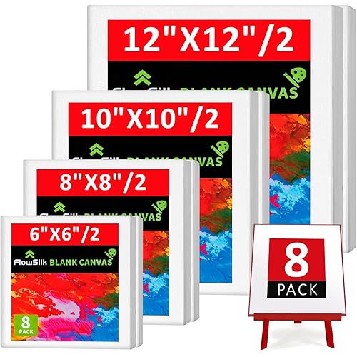 Blank Canvase Boards for Painting, 6x6", 8x8", 10x10" 12x12", 8 Pack 100% Cotton Stretcher Academy Acrylic Oil Painting, Canvases for Kids & Artist