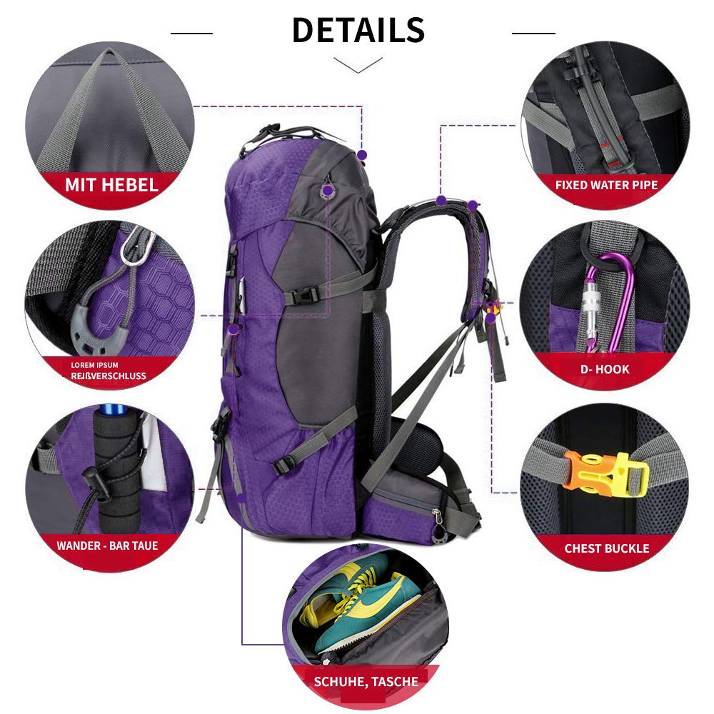 Sac à dos étanche 60 l - Ultra léger - Pliable - Pour la pêche d'escalade - Pour le camping et l'extérieur - Avec housse de pluie