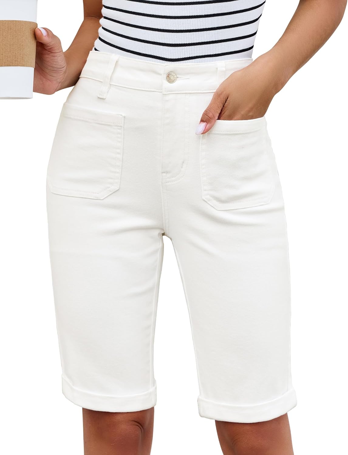 luvamia Jean Bermuda Shorts for Women High Waisted Patch Pocket Knee Length Fold Hem Casual Stretchy Denim Long Shorts