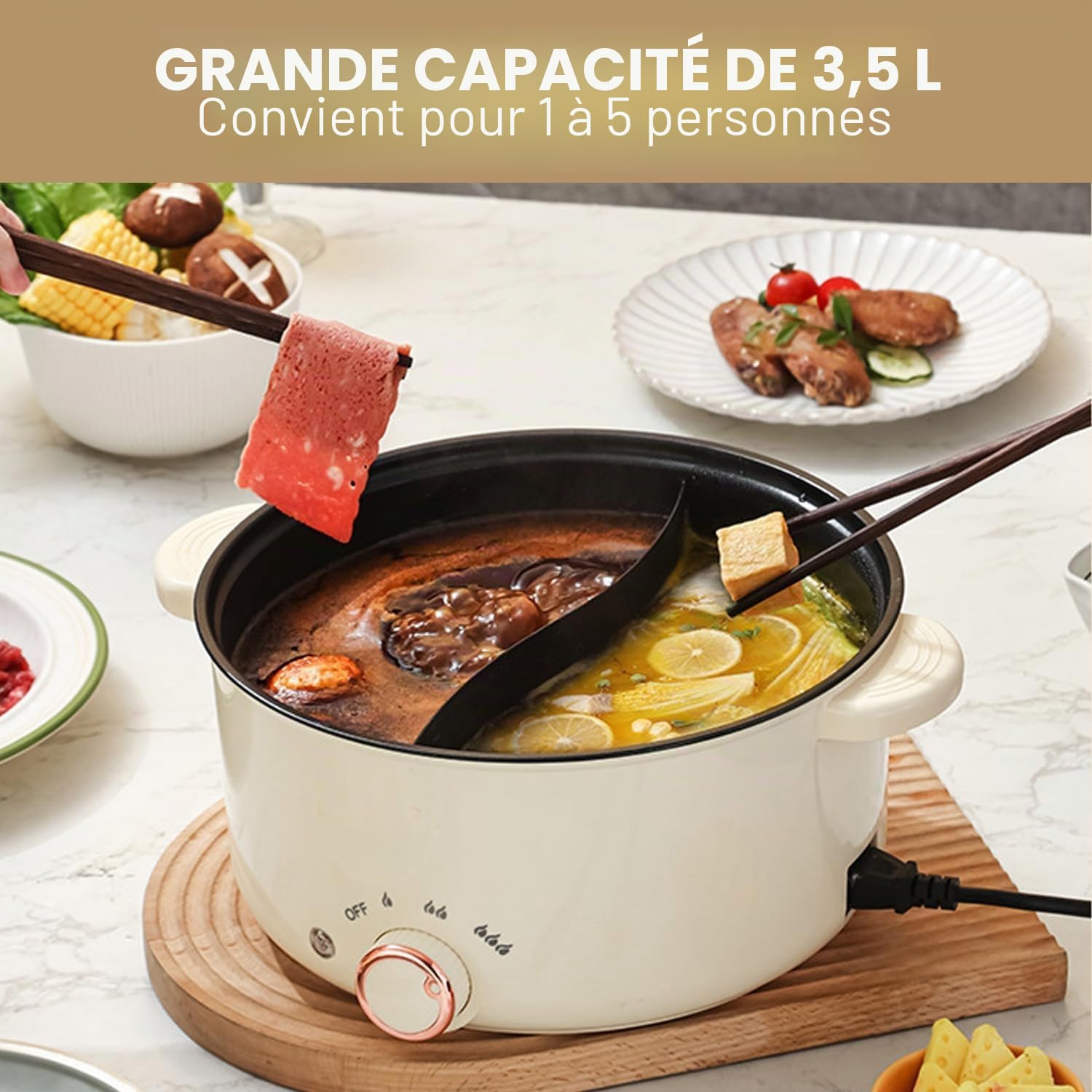 Hot Pot électrique de 3,5 L, Casserole électrique avec séparateur 1000W, Trois réglages de puissance Antiadhésif Poêle polyvalente Soupière rapide pour frire Ramen Fondue Soupe