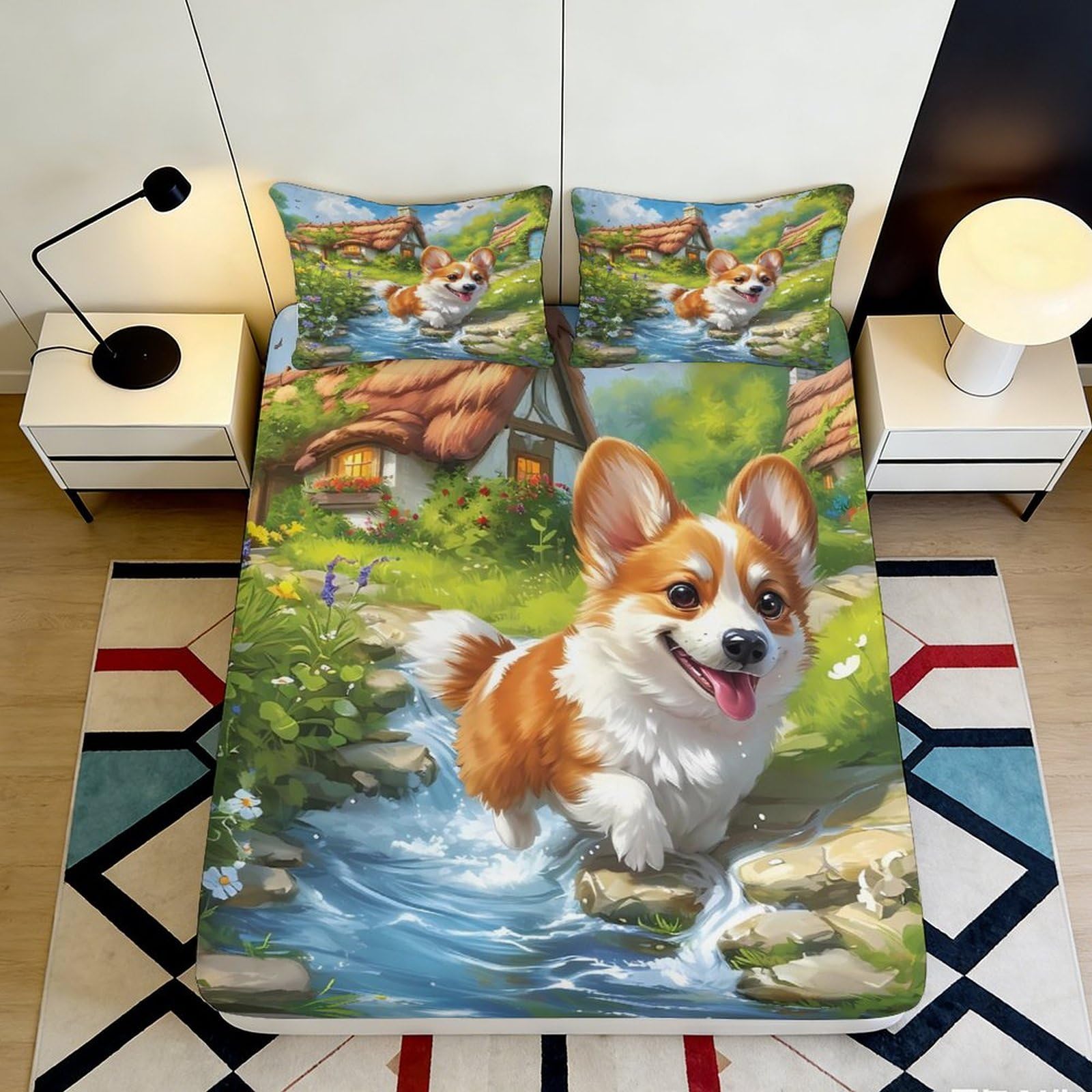 3D Printed Corgi Cottage Fitted Sheet Microfiber Anti-Slip Machine Washable Stream Landscape Mattress Cover for Bedroom Decor 90x200x25cm