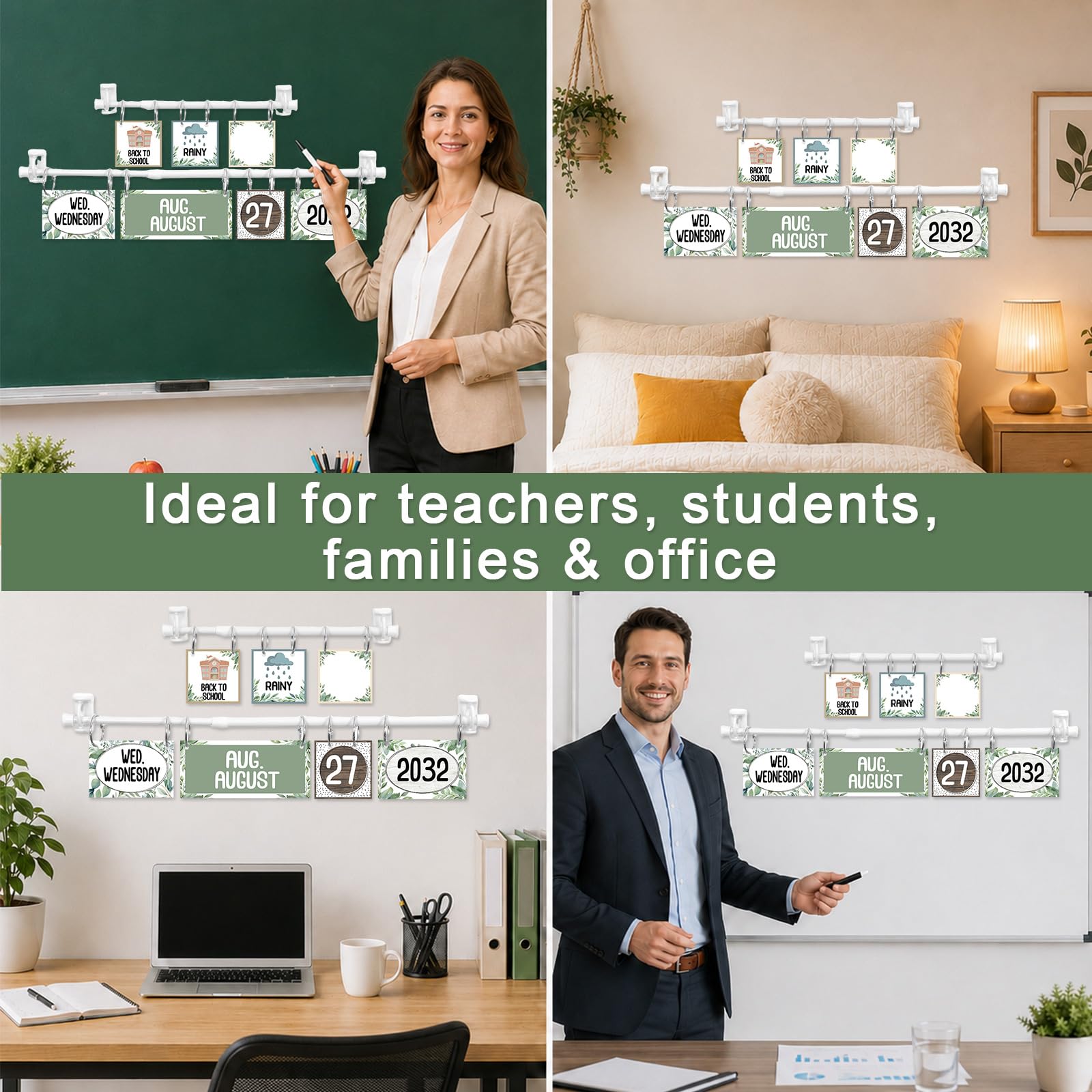 Calendario abatible con soporte ajustable, hojas de eucalipto, juego de decoración de tablón de anuncios, 96 tarjetas de fecha, calendario abatible ajustable para sala de estudio, aula, decoración del