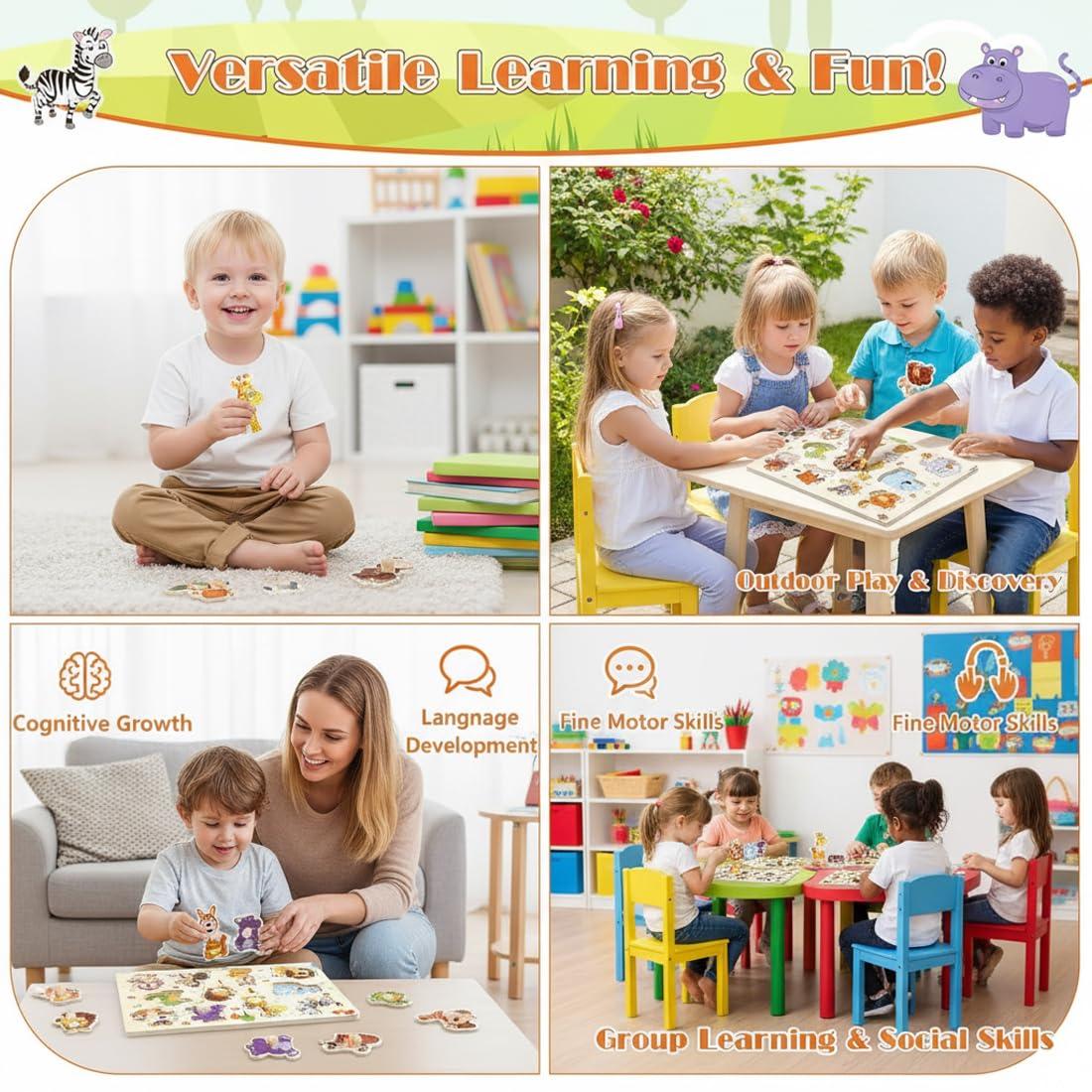 Puzzle en Bois Jouet Éducatif Animaux de la Jungle pour Enfants 1-3 Ans