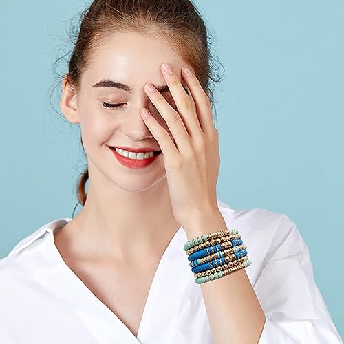 Miniatura 4 de Pulseras de cuentas de arcilla estilo heishi surfista para mujer, con discos de vinilo y dije de mal de ojo, apilables, pulseras elásticas de