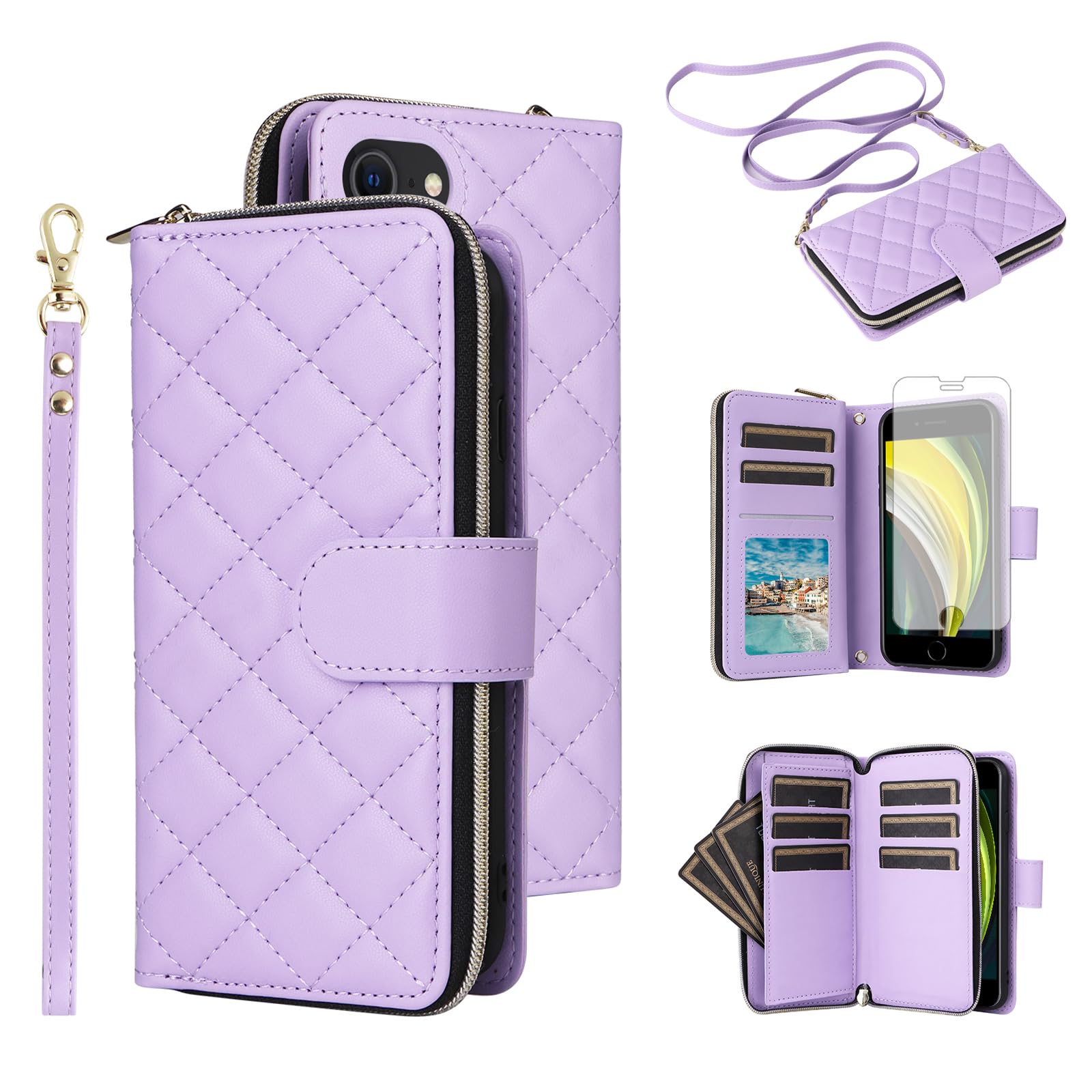 Asuwish Étui portefeuille pour iPhone 6 6S avec protection d'écran en verre trempé, sangle porte-cartes en cuir à rabat avec fermeture éclair pour iPhone 6 Six i6 S iPhone 6s iPhone 6s Phone6 6a S6