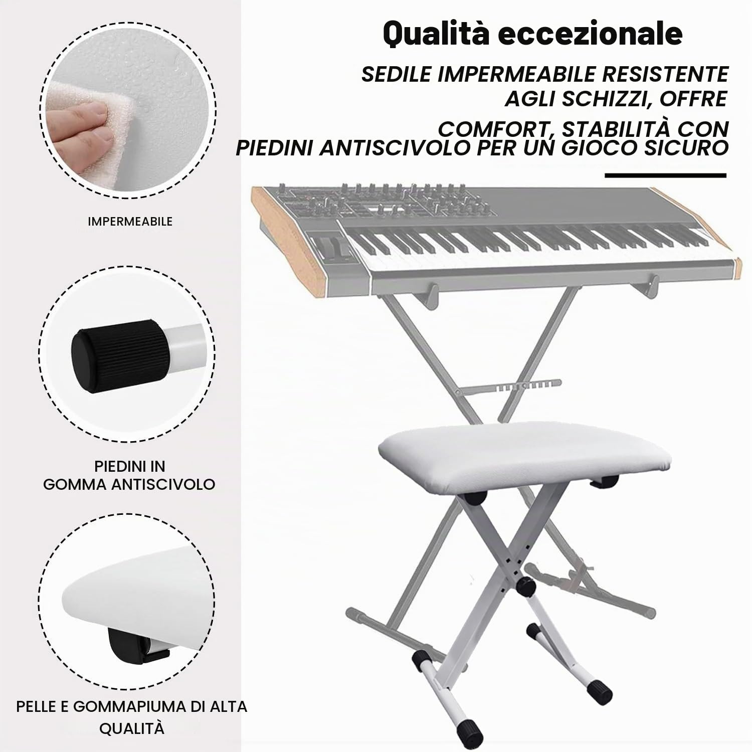 Supporto Tastiera e Sgabello,X-Frame Pieghevole Keyboard Stand Set Di Sgabelli,Supporto Regolabile In 5 Altezze & Panchetta Imbottita Regolabile In 3 Altezze,Doppio Tubo,Robusto,Per Pianoforte(Bianco)