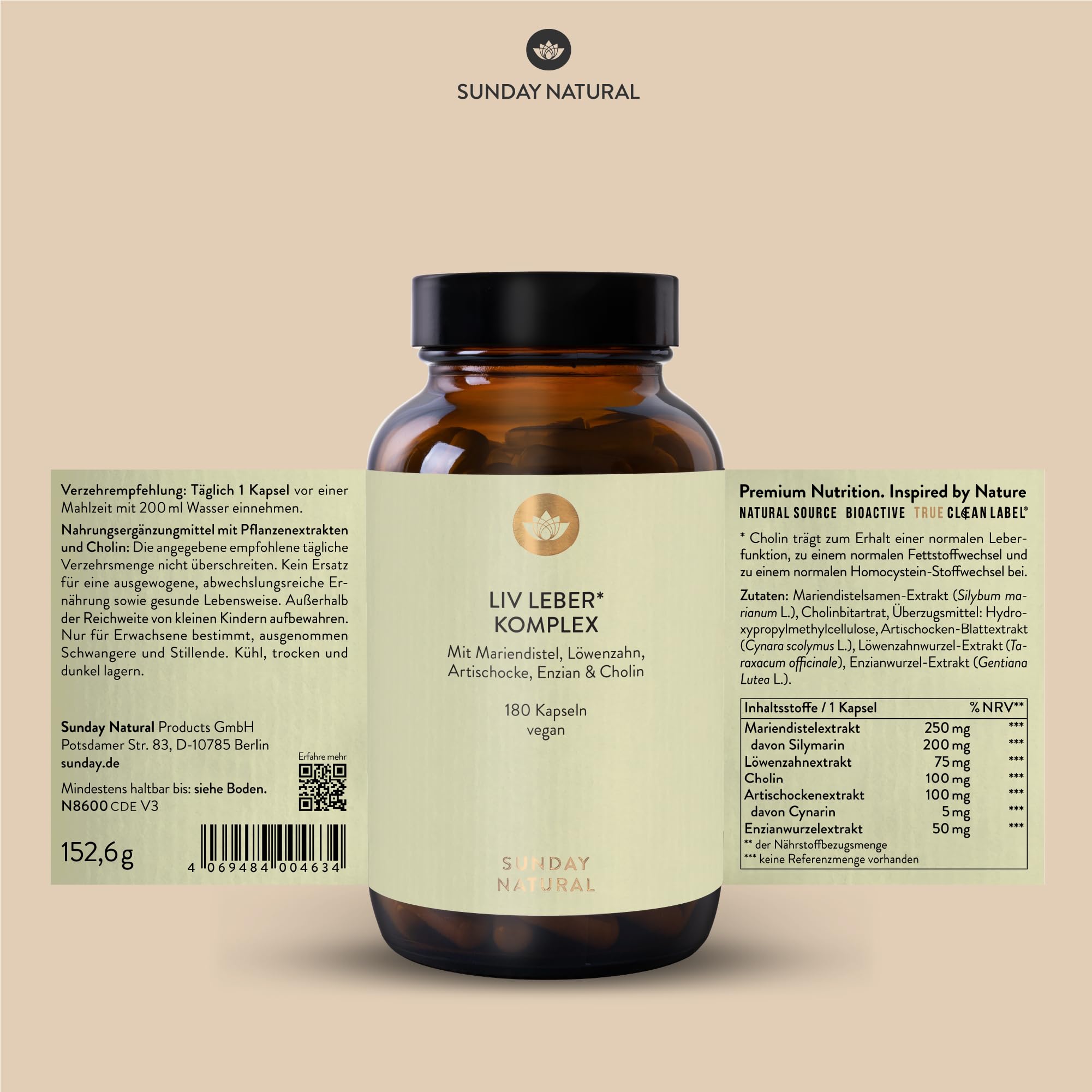 SUNDAY NATURAL® Mariendistel Artischocke Löwenzahn - 180 Cholin Kapseln - Leber Komplex mit 80% Silymarin & 100mg Cholin - Hochdosiert, vegan, laborgeprüft in Deutschland
