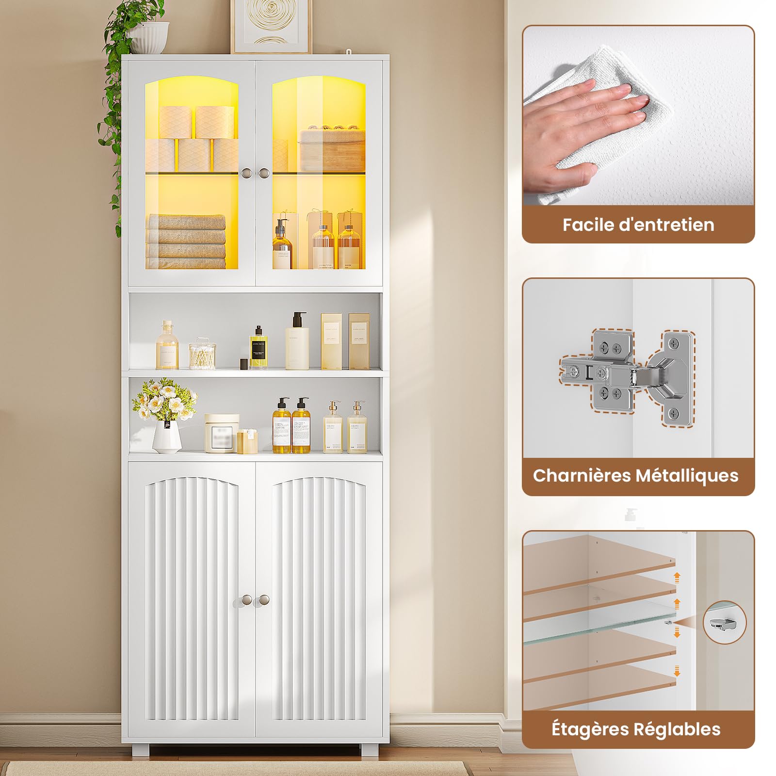 Meuble Colonne Salle de Bain avec Éclairage LED, Armoire de Rangement avec 2 Étagères Réglables, 2 Porte en Verre, Gain de Place, Armoire Haute pour Salon Cuisine, 60 x 29.5 x 179 cm, Blanc
