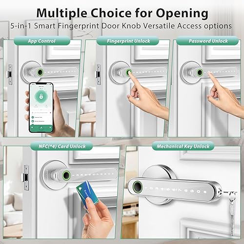 Miniatura 2 de Cerradura de puerta inteligente con perilla, cerraduras de puerta de entrada sin llave con asa, perilla de puerta de huellas dactilares para