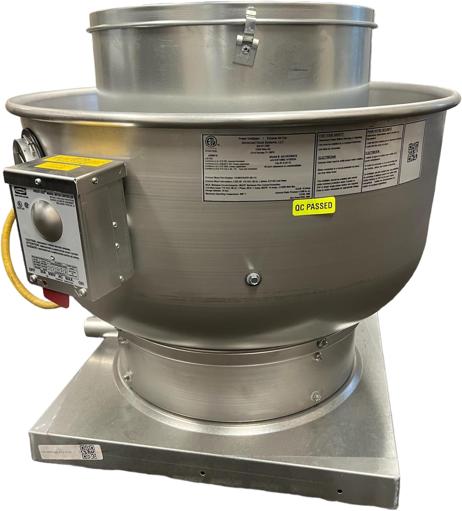 Food Truck Upblast Exhaust Fan High Speed Direct Drive