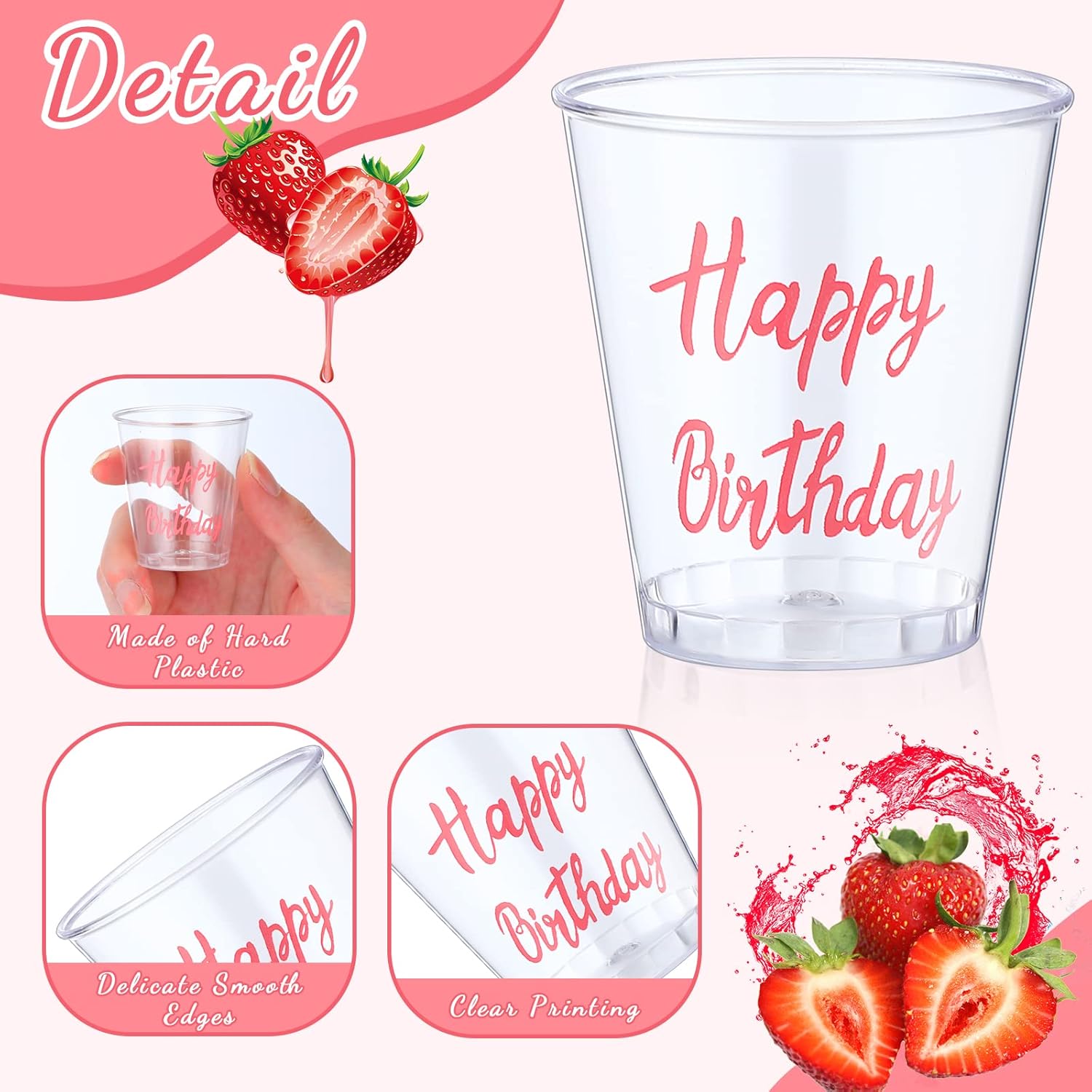 Lallisa 100 Pcs Happy Birthday Plastic Disposable Shot Cups 2 oz Birthday Shot Glass Drinking Tasting Serving Snacks Samples Cups forParty Favors Happy Wedding Supplies(Pink) - Image 3