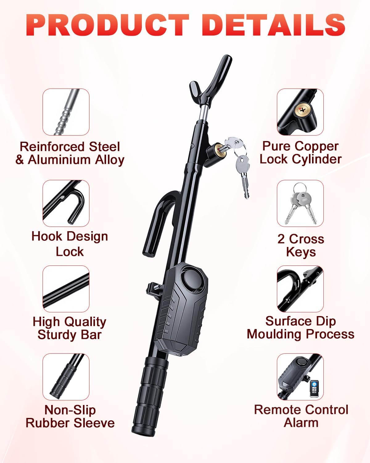 ELECTOP Steering Wheel Lock with 113db Alarm Heavy Duty Car Lock for Enhanced Vehicle Protection Anti Theft Car Device with Adjustable Length Locking & 2 Keys Universal Fit for Trucks Vans and Suvs