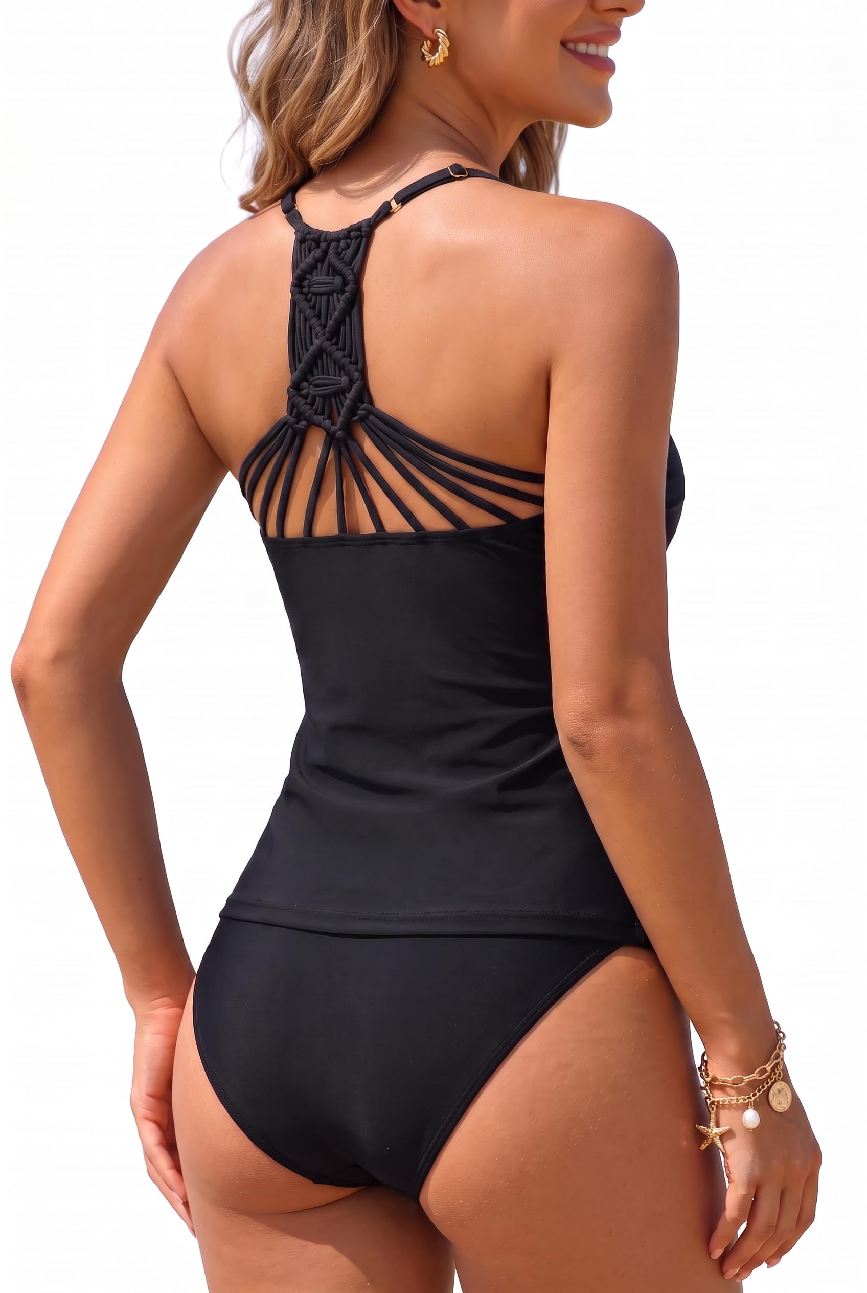 holipick Women Black Halter Tankini Two Piece Swimsuit Sexy V Neck Braid Macrame Ruched Tummy Control Two Piece Bathing Suits XXL-picture-15