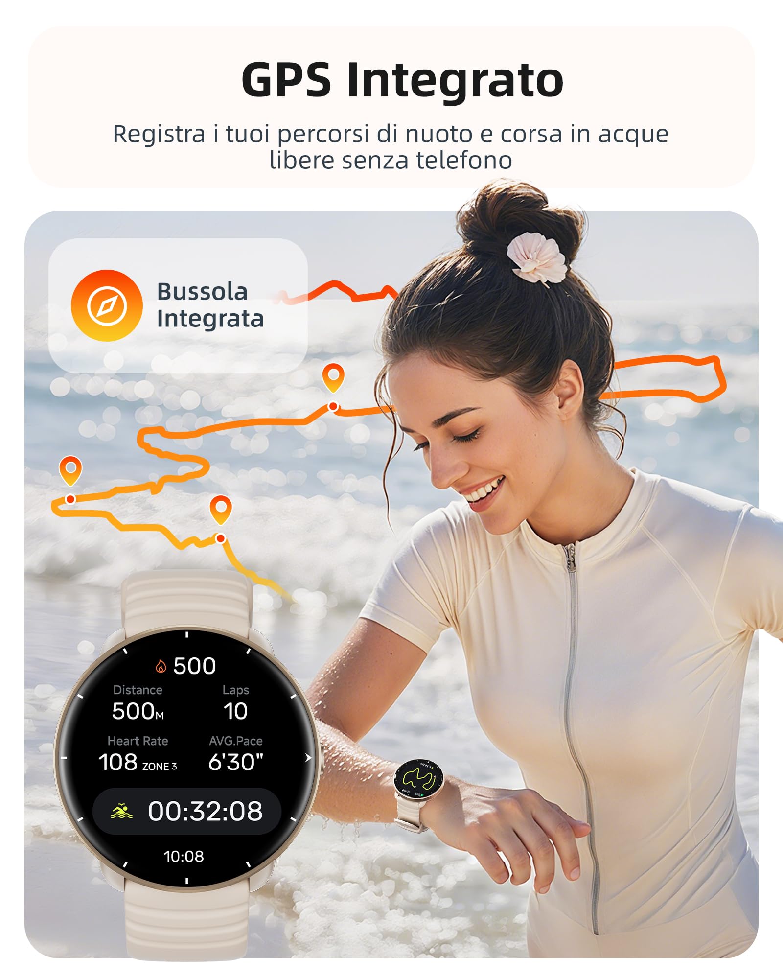 Parsonver Smartwatch Nuoto per Piscina/Acque Aperte, Orologio GPS Integrato | Orologio Smartwatch Uomo Donna con Display AMOLED, 100+ Sportive, Requenza Cardiaca Sott'acqua, Sonno