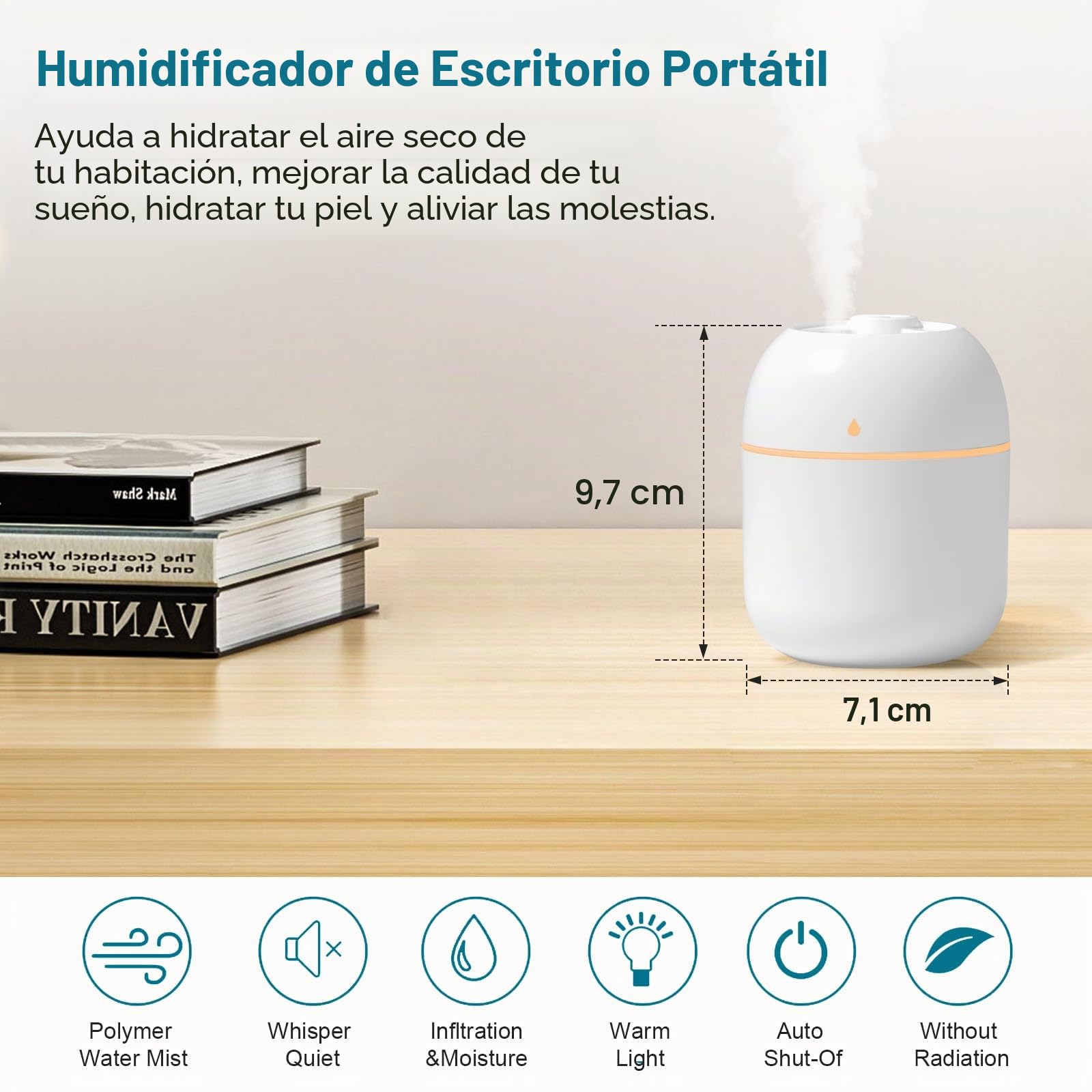 Humidificador portátil pequeño, humidificador personal USB de escritorio para coche, oficina, dormitorio, apagado automático, 2 modos de niebla, súper silencioso (220 ml, blanco)