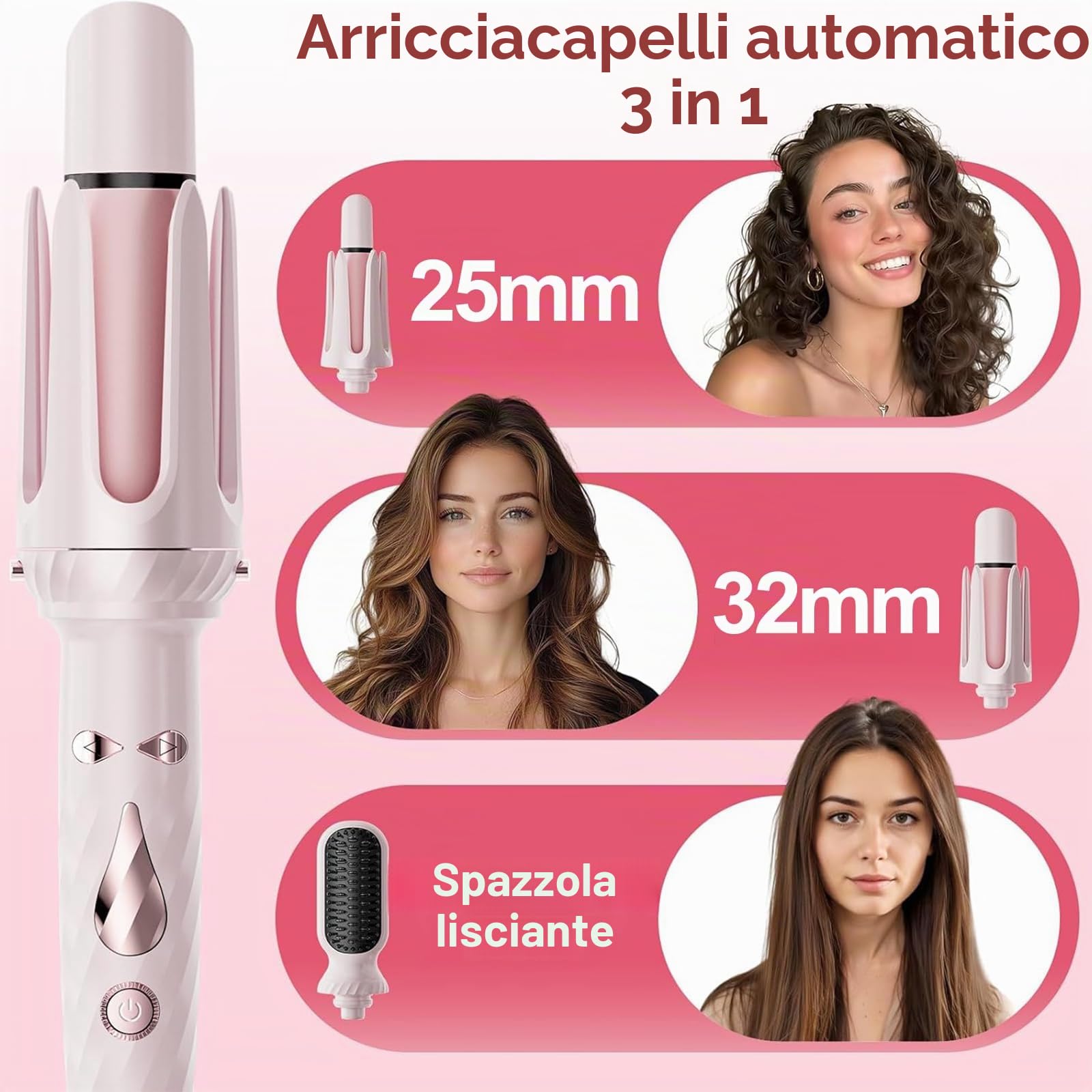Ferro arricciacapelli automatico 3 in 1 rosa, rivestimento in ceramica ghiacciata, riscaldamento rapido 30 s, 5 temperature (160 ° C-200 °C), spegnimento auto 40 min, allarme acustico, rosa