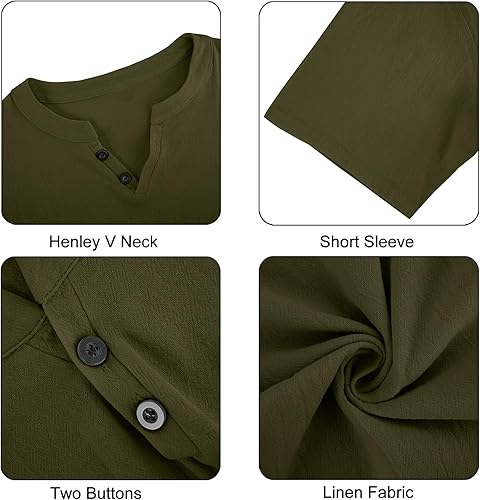 Miniatura 4 de Angbater Camiseta casual de lino Henley de manga corta para hombre, camiseta hippie de playa, camiseta ligera tropical para verano