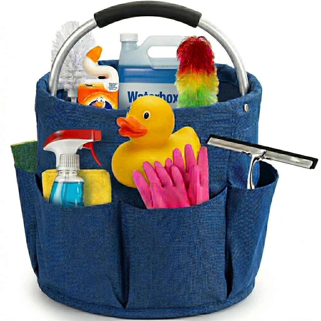 heather Organiseur de nettoyage avec poignée - Sac seau pour ustensiles de nettoyage - Petit sac à outils de jardin pliable - Multi-poches - Pliable - Économie d'espace - Universel - Bleu