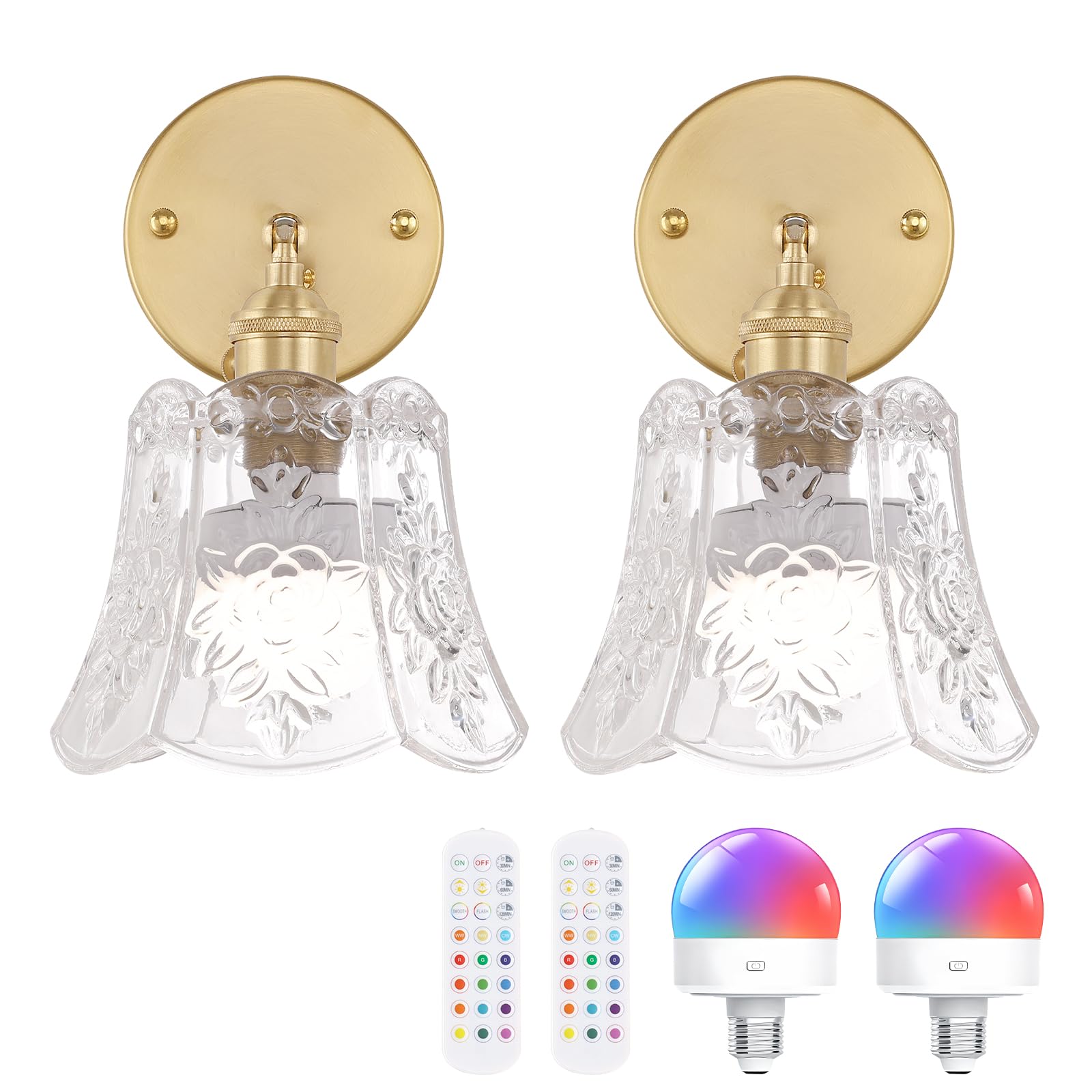 Shenmoyl Vintage Battery Operated Wall Sconces Set of Two, Wireless Battery Powered Rose Wall Sconce with Remote Control, RGB Dimmable LED Wall Light for Bedside Indoor Living Room (Transparent)