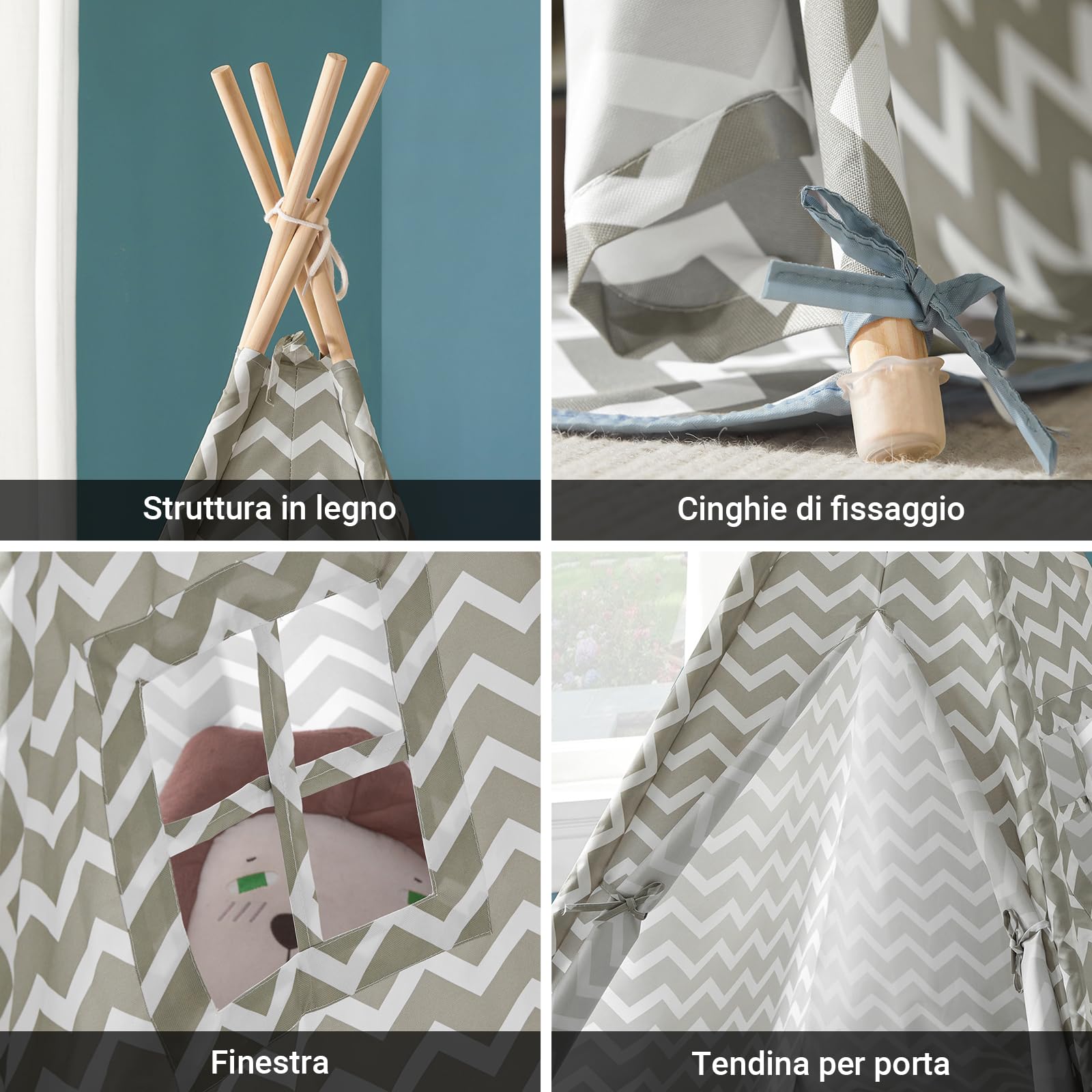 SoBuy Tenda Tipi Bambini 109x109x165cm Cameretta | casetta gioco con tappetino, finestra e tenda apribile, struttura in pino OSS03