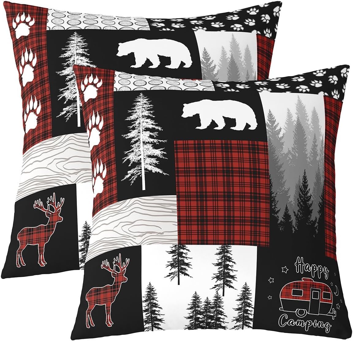 Erosebridal Buffalo Plaid Check Throw Pillow Covers 24x24 Inch Set of 2,Bear Elk Deer Wild Animal Cushion Covers,Retro Black Red Christmas Pillow Covers,Woodland Camping Decorative Pillow Covers