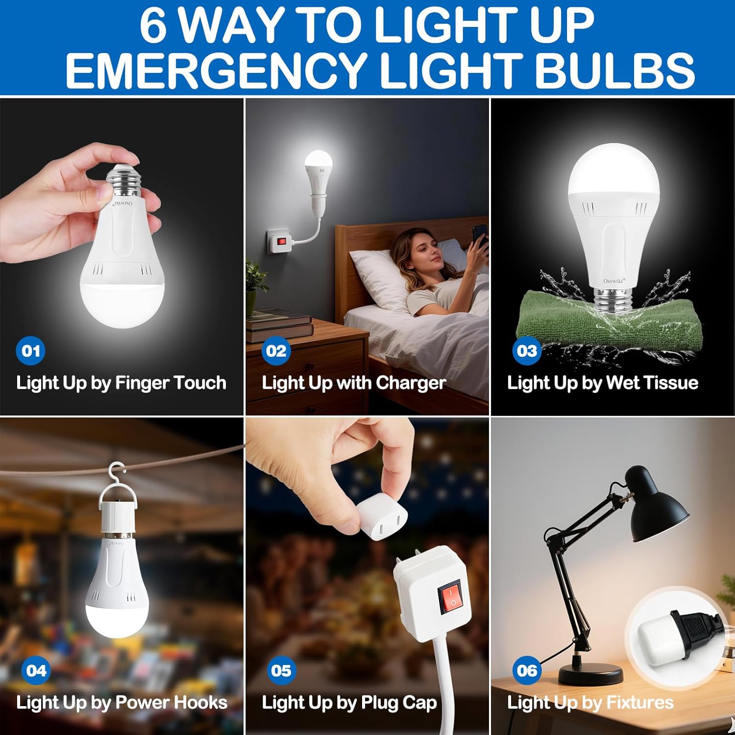 6 Pack Emergency Rechargeable Light Bulbs,Battery Operated Backup Light Bulb for Lamps E26 9W 6500K Daylight,A19 Emergency LED Bulbs for Home Power Outage Hurricane,Blizzard,Camping