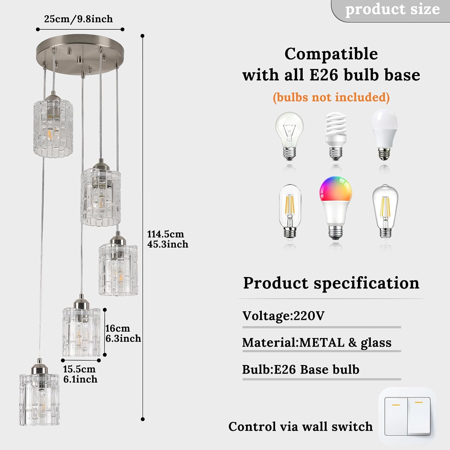 Finktonglan 5-Light Glass Pendant Light Staircase Chandelier, Chrome Cluster Pendant Lighting, Sloped Ceiling Compatible, Adjustable Height for Foyer Entryway Dining Room & Kitchen Island, E26 Base
