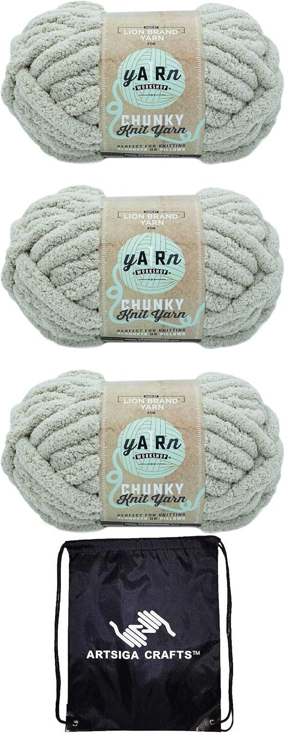 Lion Brand AR Workshop Chunky Knit Oatmeal 951-123 (3-Skeins - Same Dye Lot) Jumbo #7 Polyester Yarn for Crocheting and Knitting with Project Bag