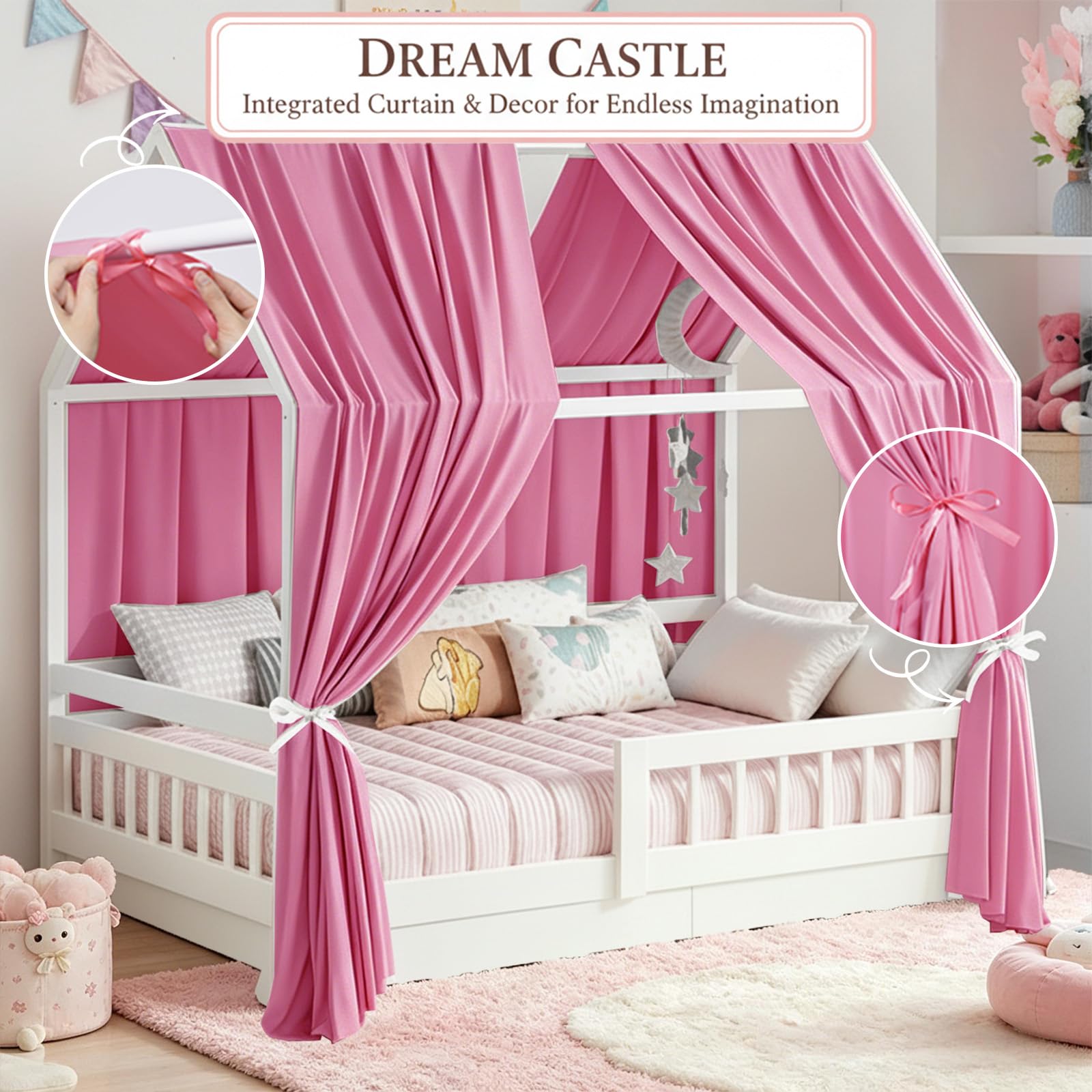 Dosel De Cama Casera Rosa, 2 Piezas Dosel De Cama Casera 270 x 67 cm, Cortinas De Dosel para Niñas Y Niños, Infantil Decoración Habitación Infantil
