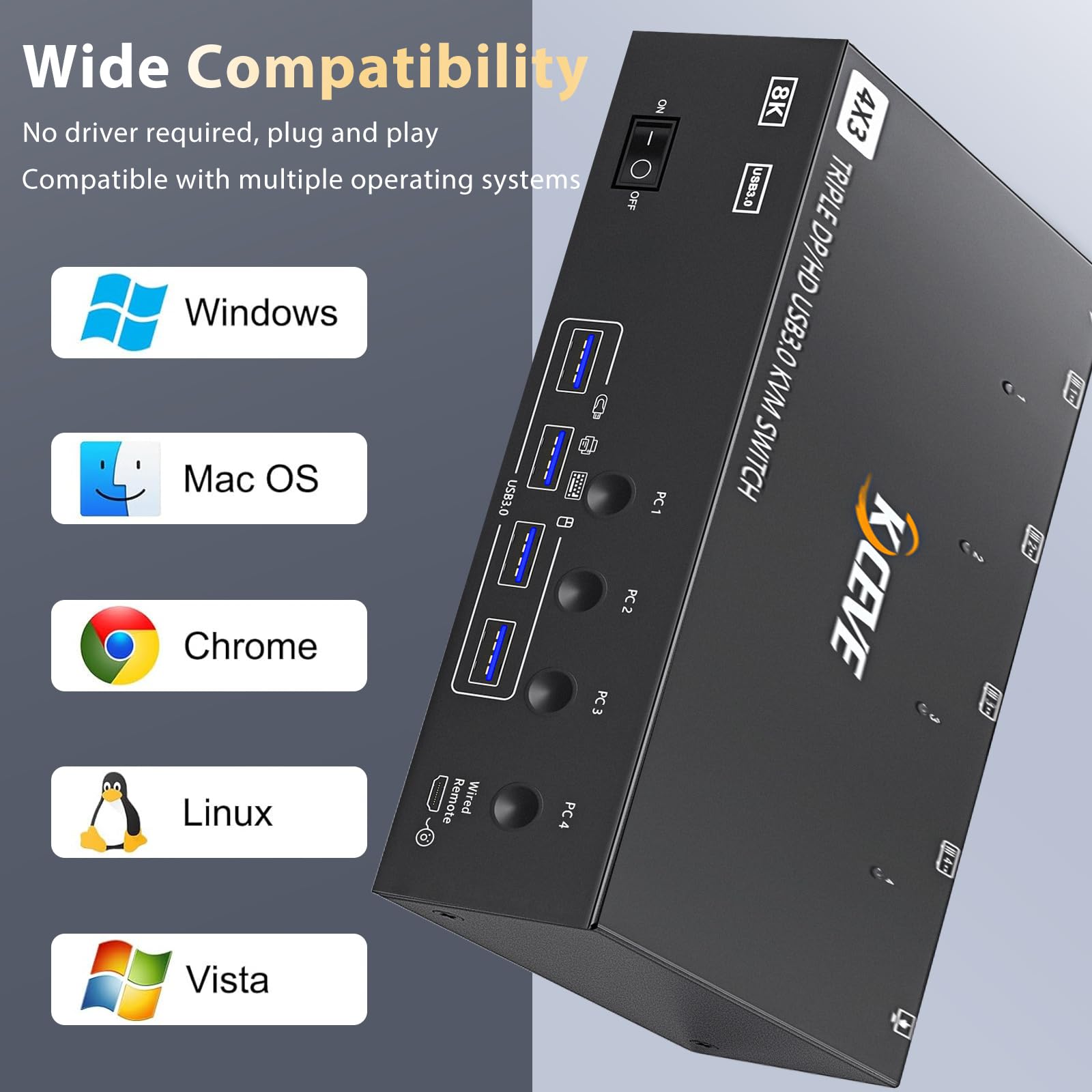 Przełącznik KVM 3 monitory 4 PC, Displayport HDMI USB 3.0 Przełącznik KVM do dwóch monitorów, obsługuje 4K przy 60 Hz, dla 3 komputerów z 2 monitorami DP, klawiaturą i myszką