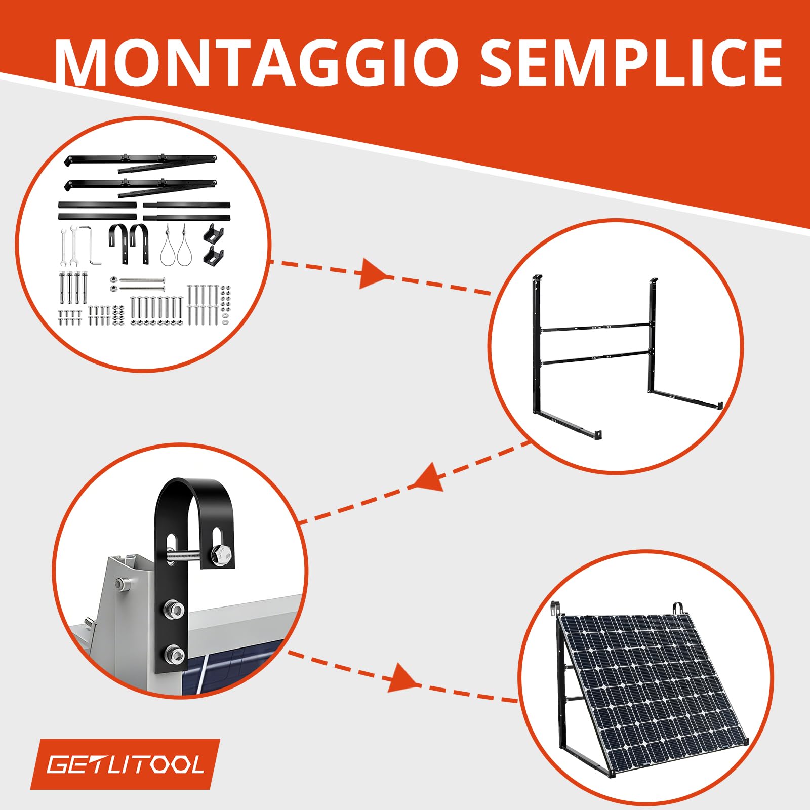 GETLITOOL Soporte Panel Solar 3 en 1 Aluminio Ajustable Balcón Pared Suelo | Ángulo 15-45°, ancho 900-1200mm, para módulo fotovoltaico hasta 1134mm, kit completo montaje balconera