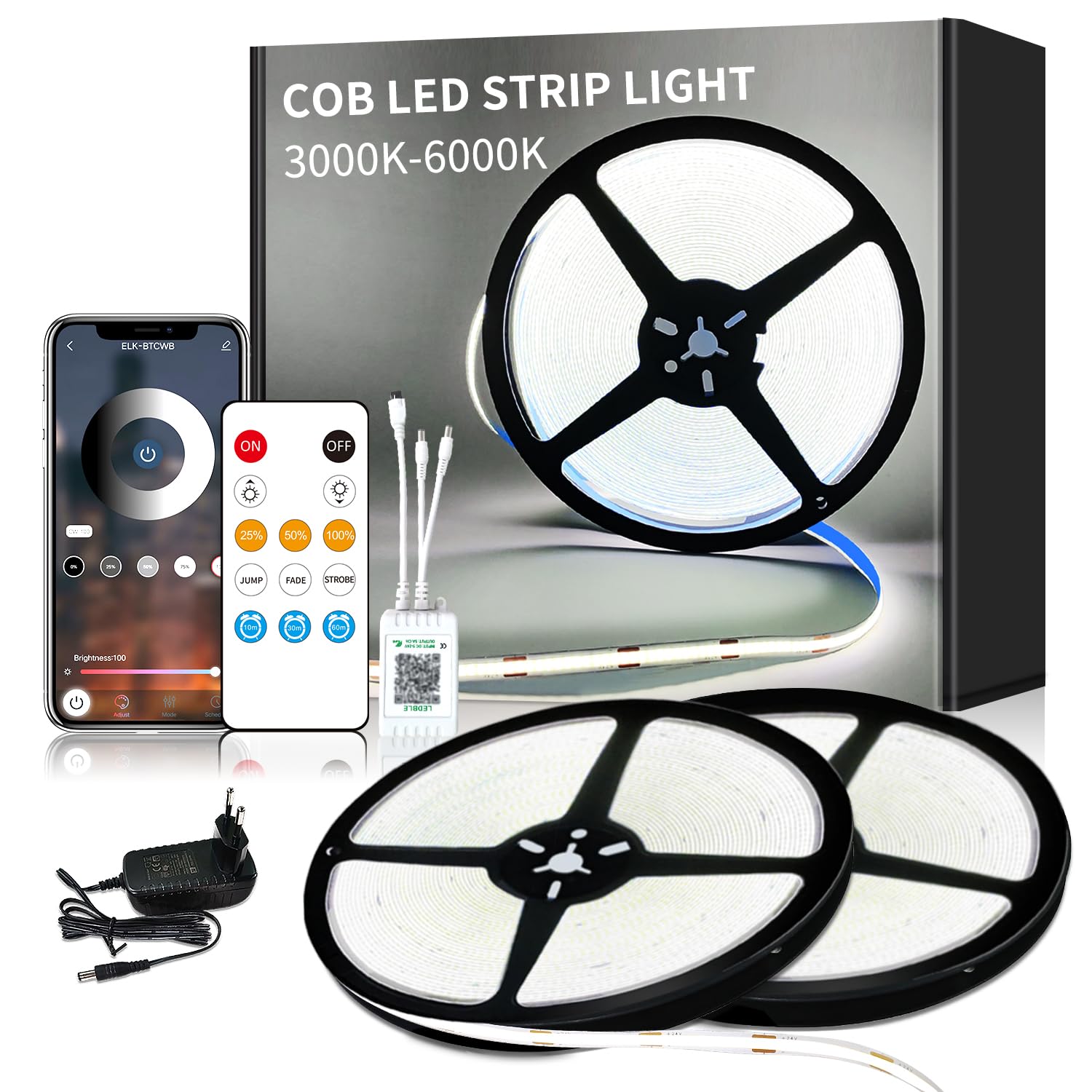 Tira LED COB de 6000 K, color blanco, control por aplicación con mando a distancia, 30 m, regulable, 24 V, flexible, juego de tiras LED COB brillantes para decoración de fiestas en el hogar